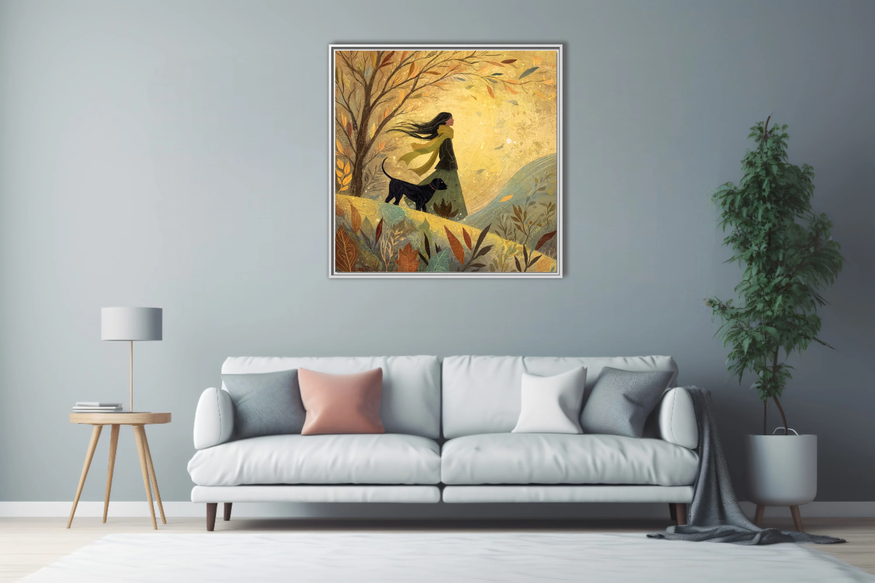 Whimsical autumn walk illustration, woman and dog among golden falling leaves