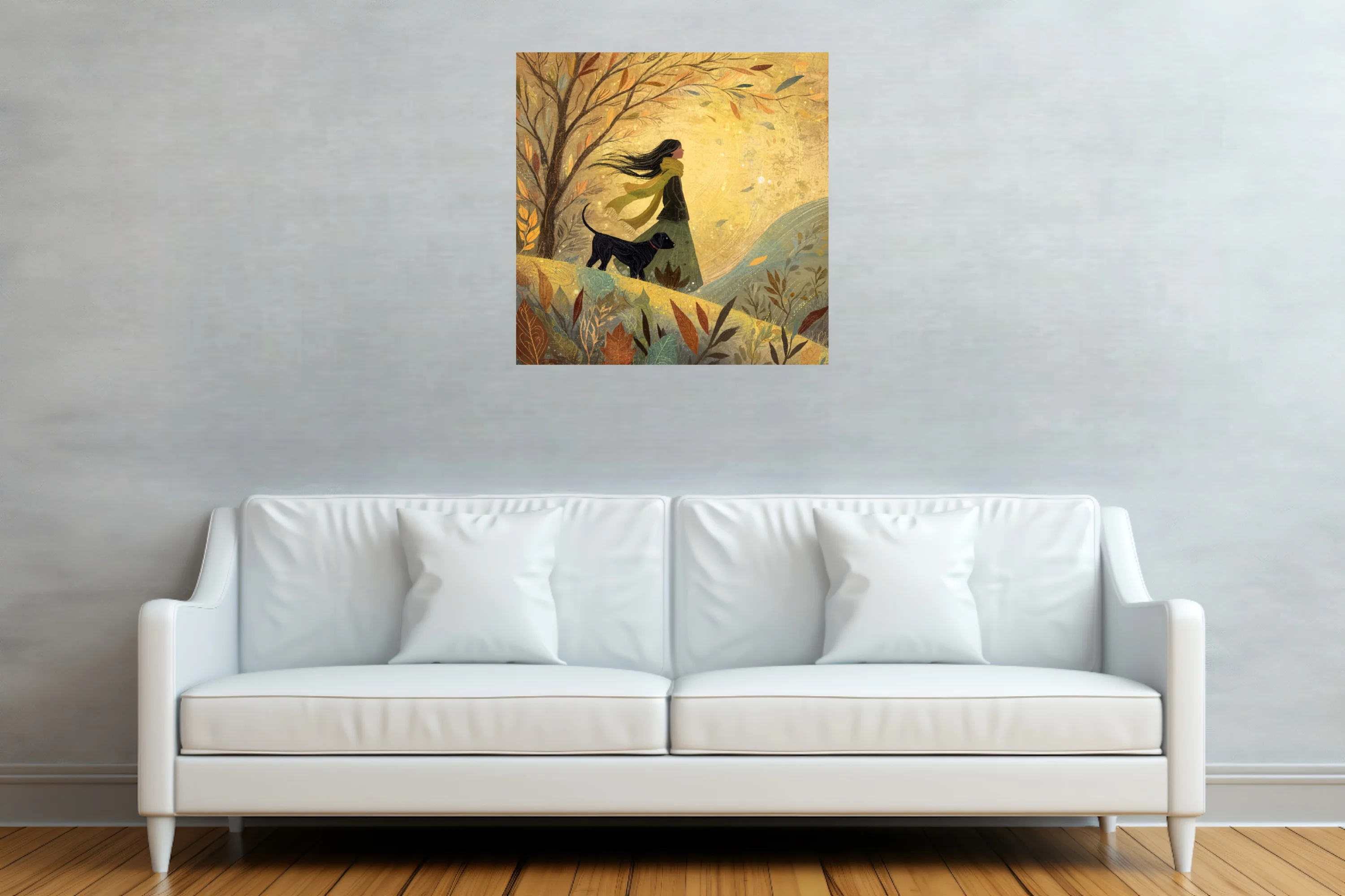 Whimsical autumn walk illustration, woman and dog among golden falling leaves