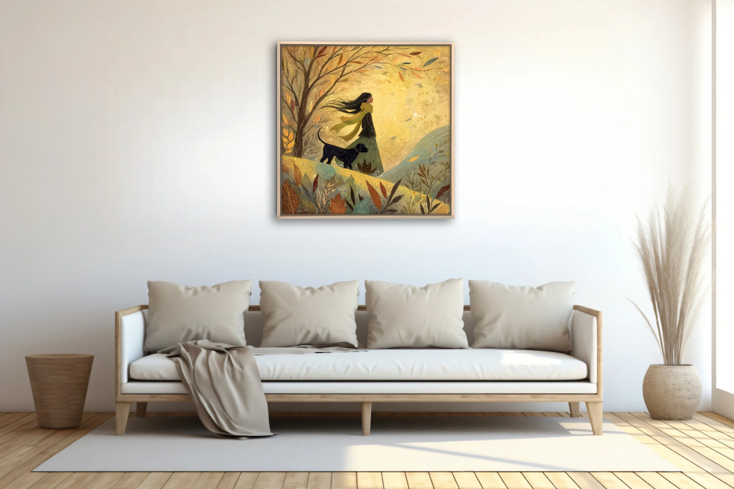 Whimsical autumn walk illustration, woman and dog among golden falling leaves