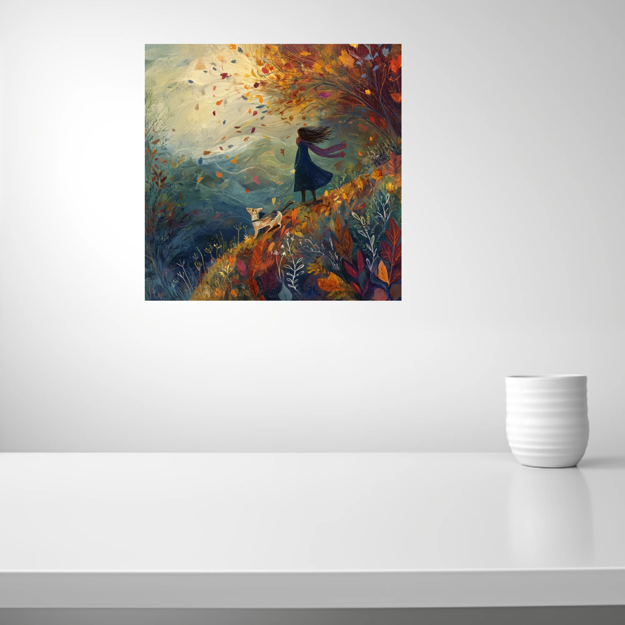 Whimsical autumn illustration — windswept figure with dog among swirling fall foliage, warm earthy tones