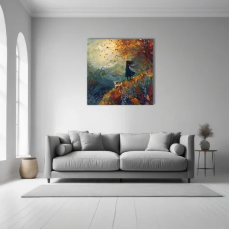 Whimsical autumn illustration — windswept figure with dog among swirling fall foliage, warm earthy tones