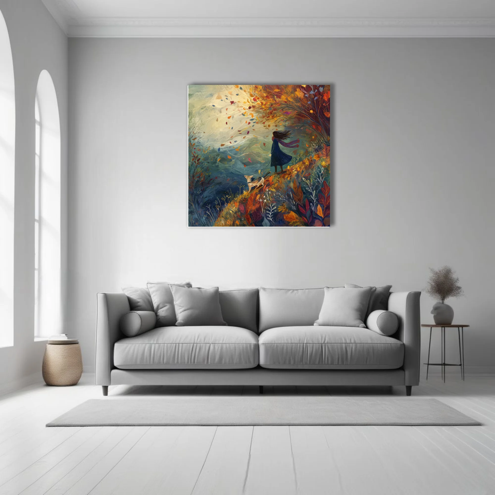 Whimsical autumn illustration — windswept figure with dog among swirling fall foliage, warm earthy tones