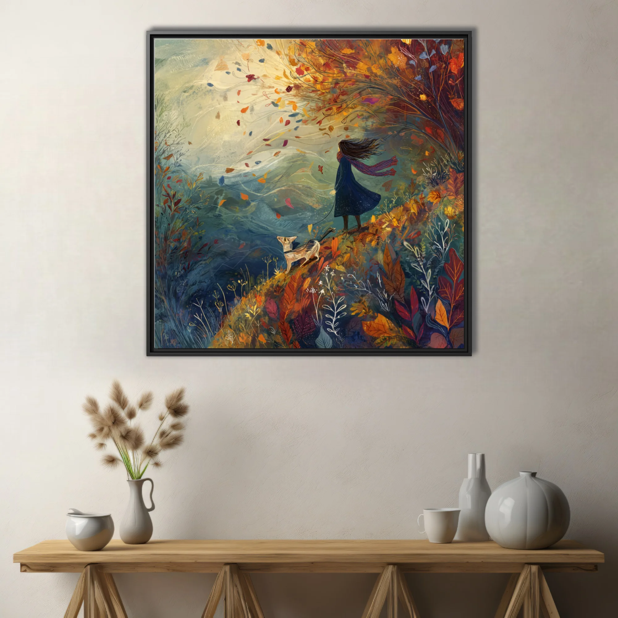 Whimsical autumn illustration — windswept figure with dog among swirling fall foliage, warm earthy tones