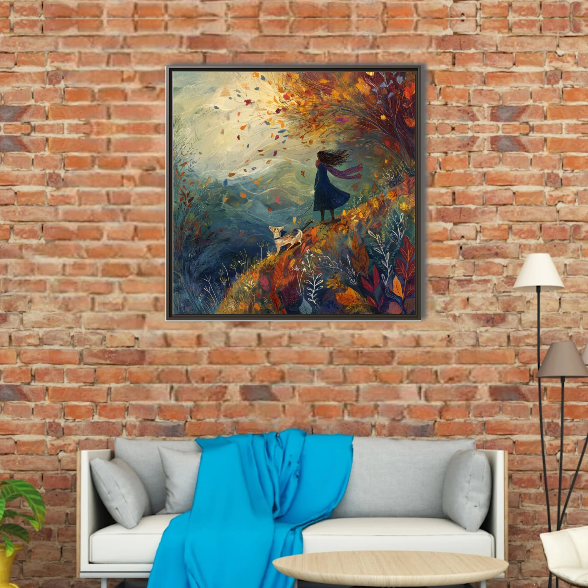 Whimsical autumn illustration — windswept figure with dog among swirling fall foliage, warm earthy tones