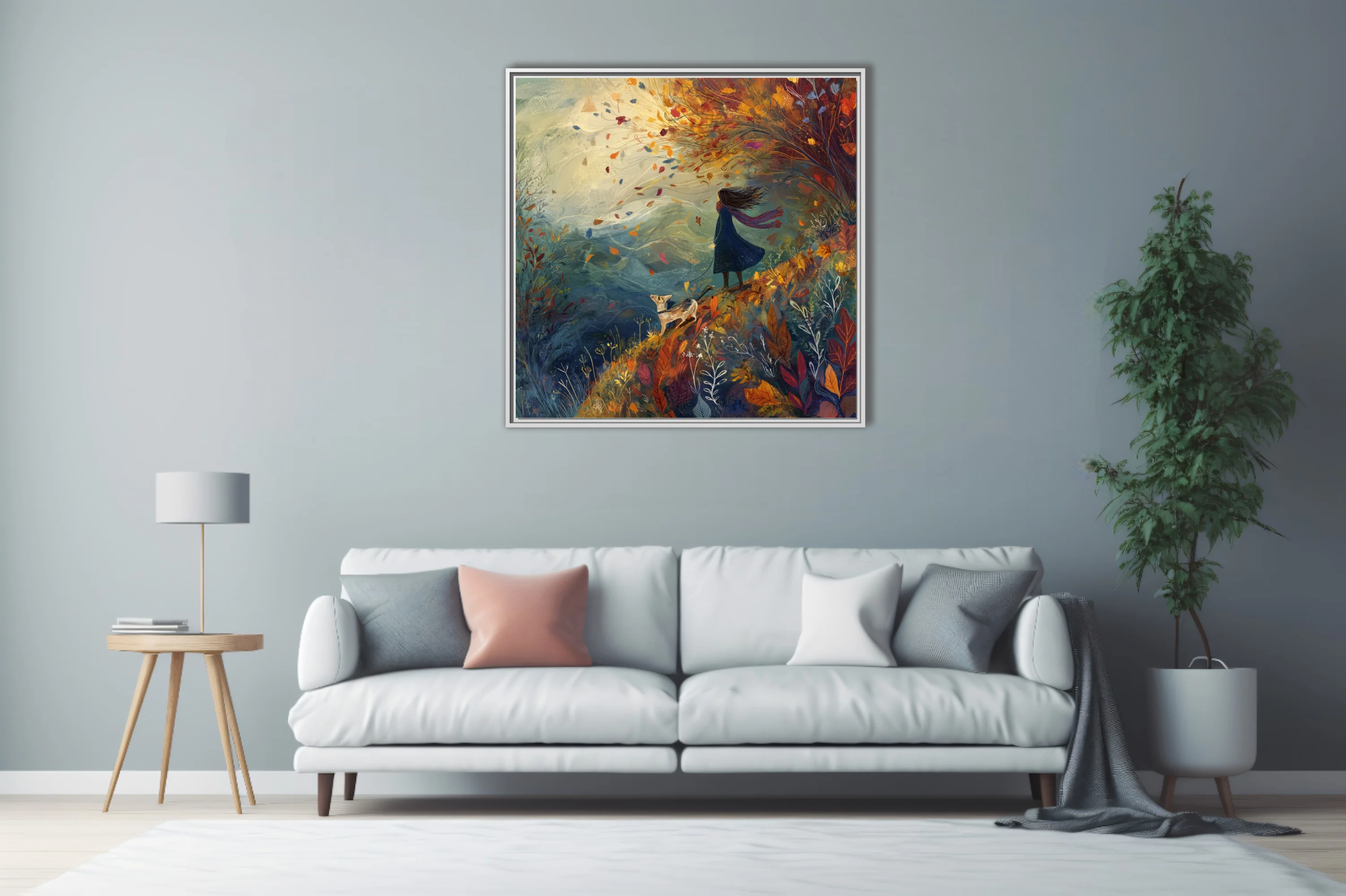 Whimsical autumn illustration — windswept figure with dog among swirling fall foliage, warm earthy tones