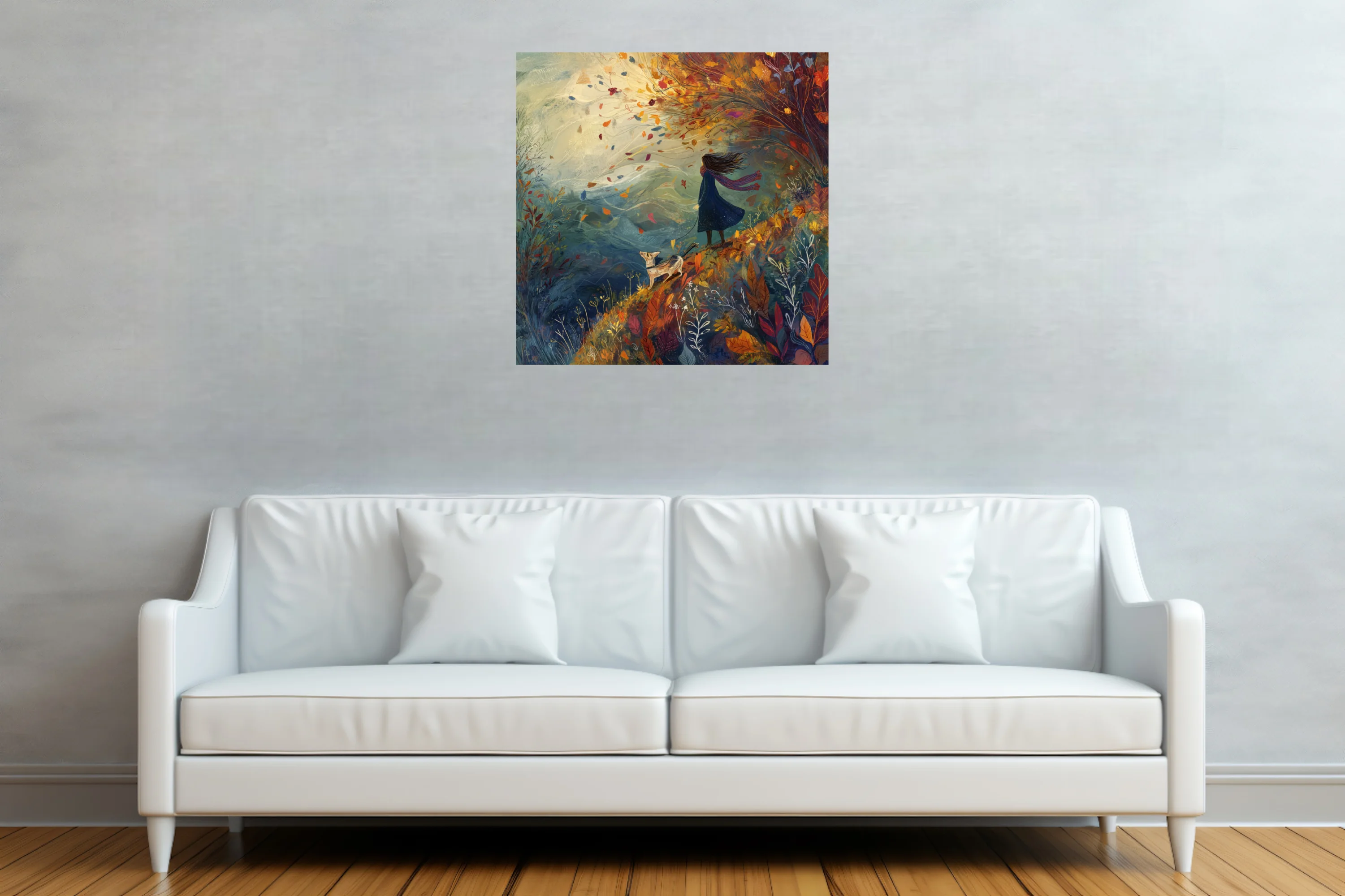 Whimsical autumn illustration — windswept figure with dog among swirling fall foliage, warm earthy tones