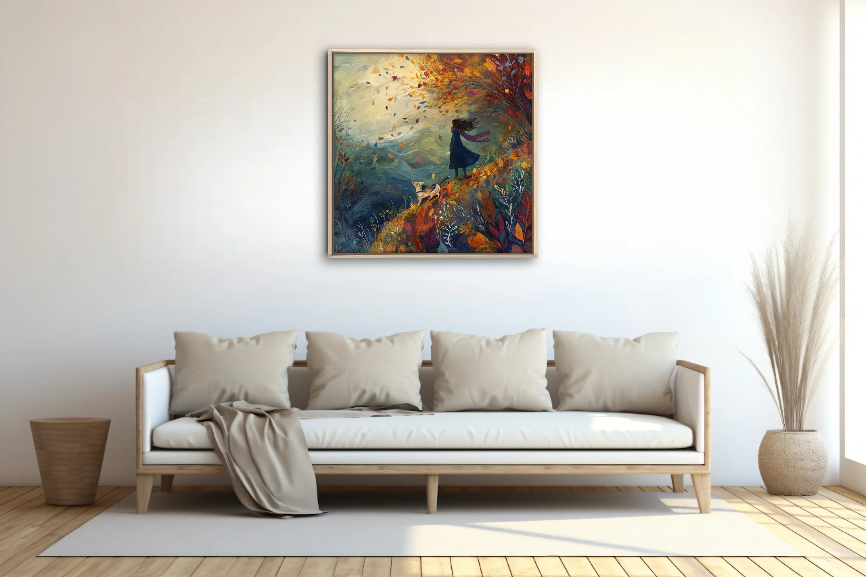 Whimsical autumn illustration — windswept figure with dog among swirling fall foliage, warm earthy tones