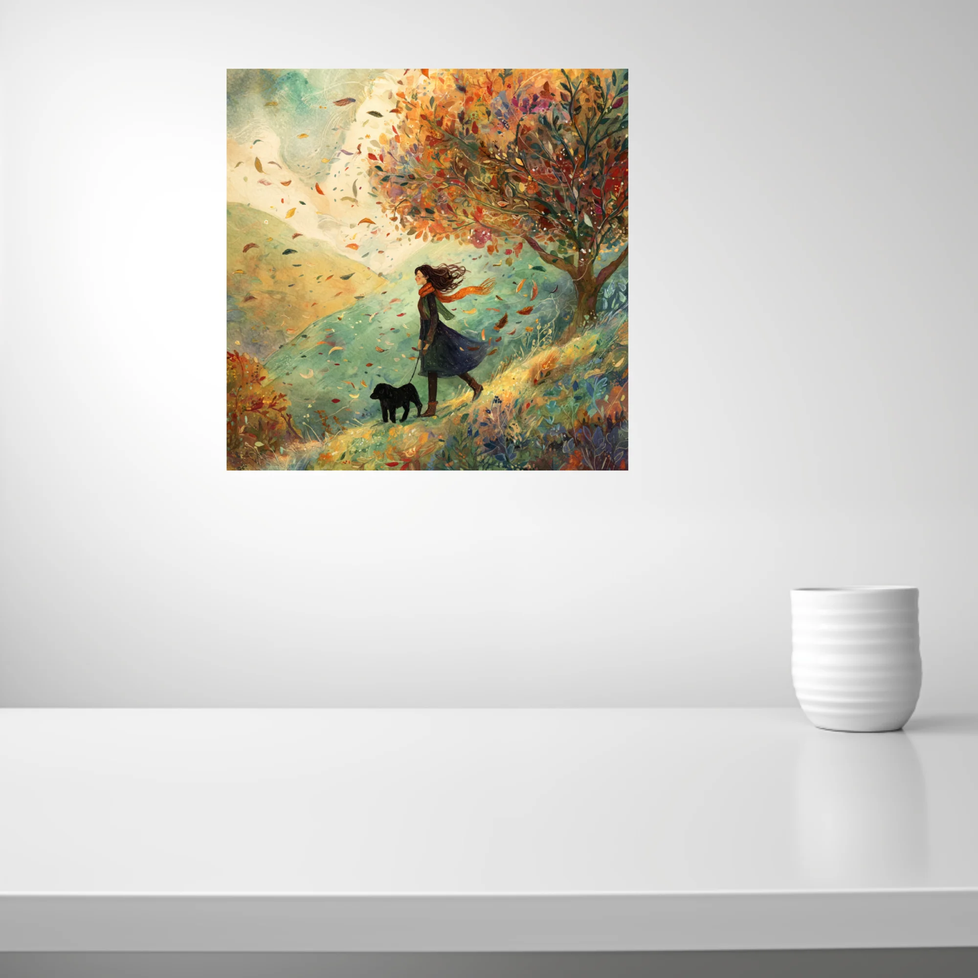 Whimsical watercolor-style autumn walk illustration, windswept figure with dog, warm foliage palette