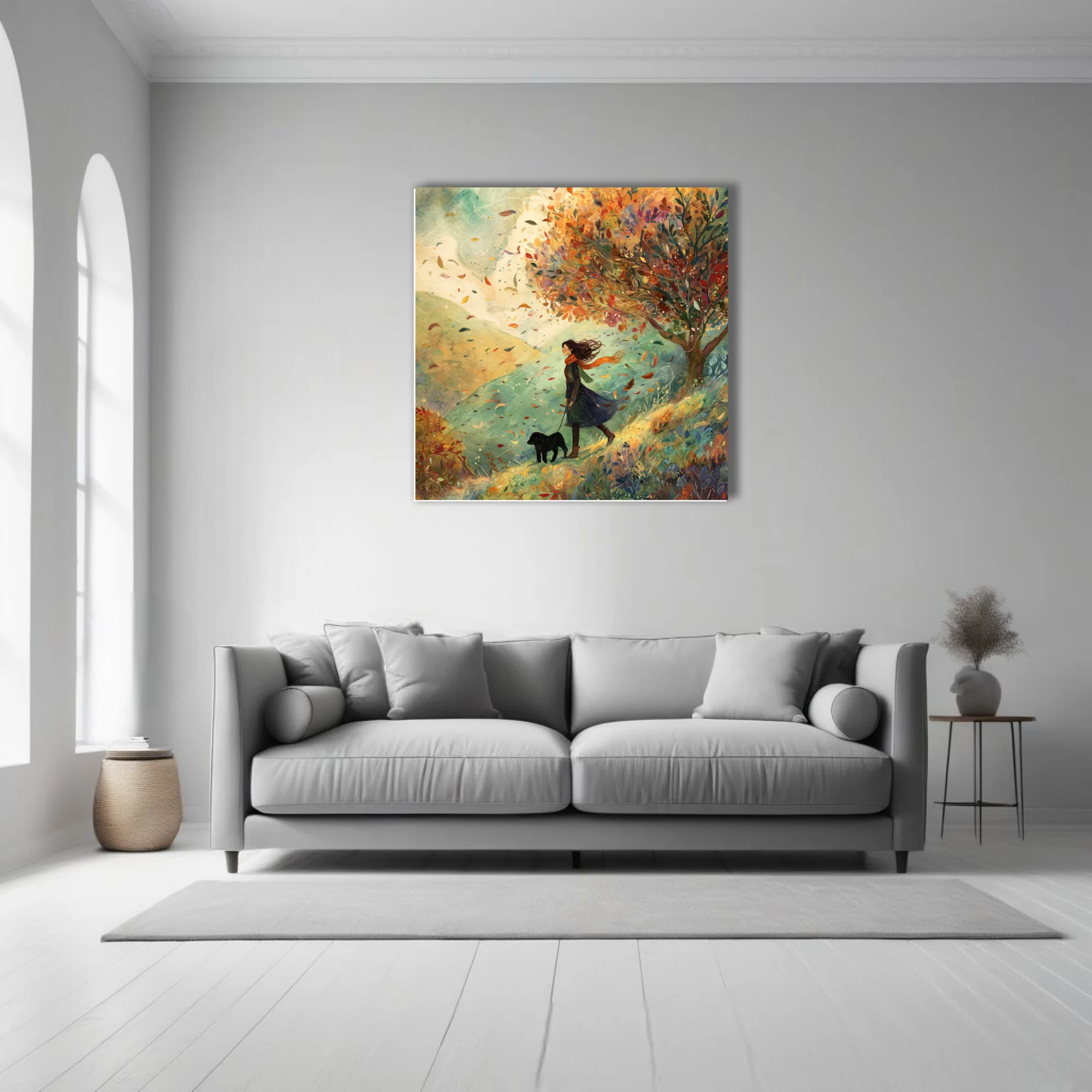 Whimsical watercolor-style autumn walk illustration, windswept figure with dog, warm foliage palette