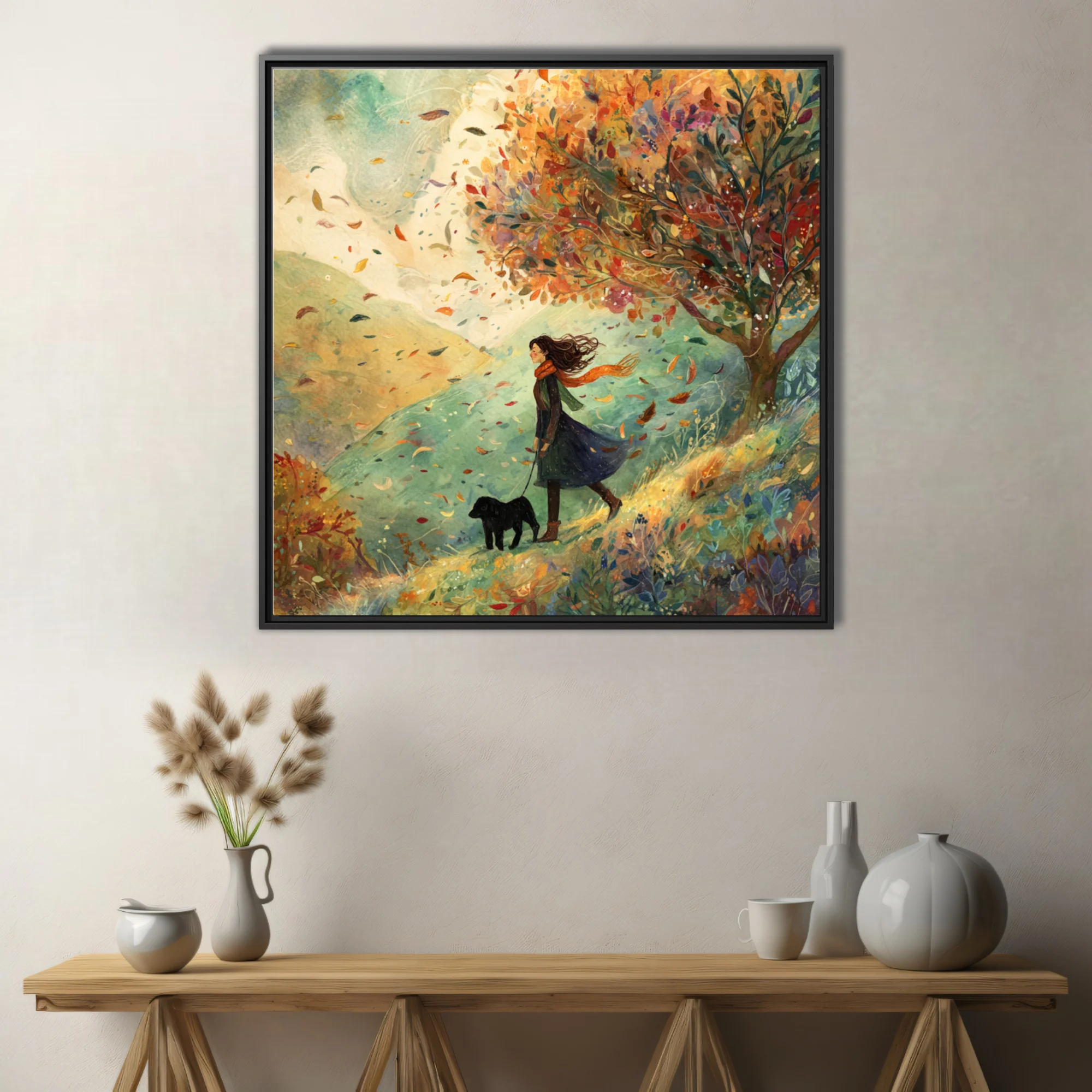 Whimsical watercolor-style autumn walk illustration, windswept figure with dog, warm foliage palette