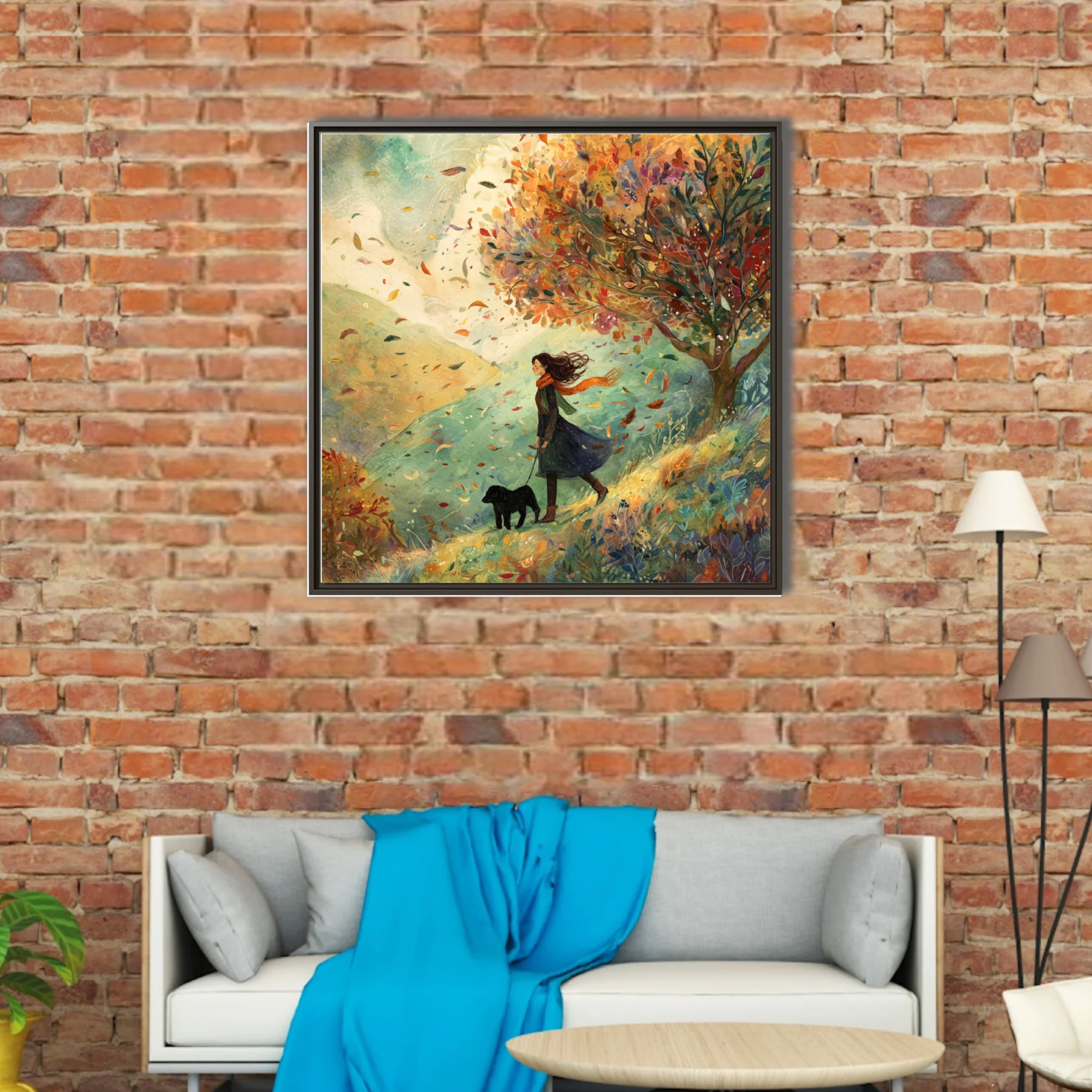 Whimsical watercolor-style autumn walk illustration, windswept figure with dog, warm foliage palette