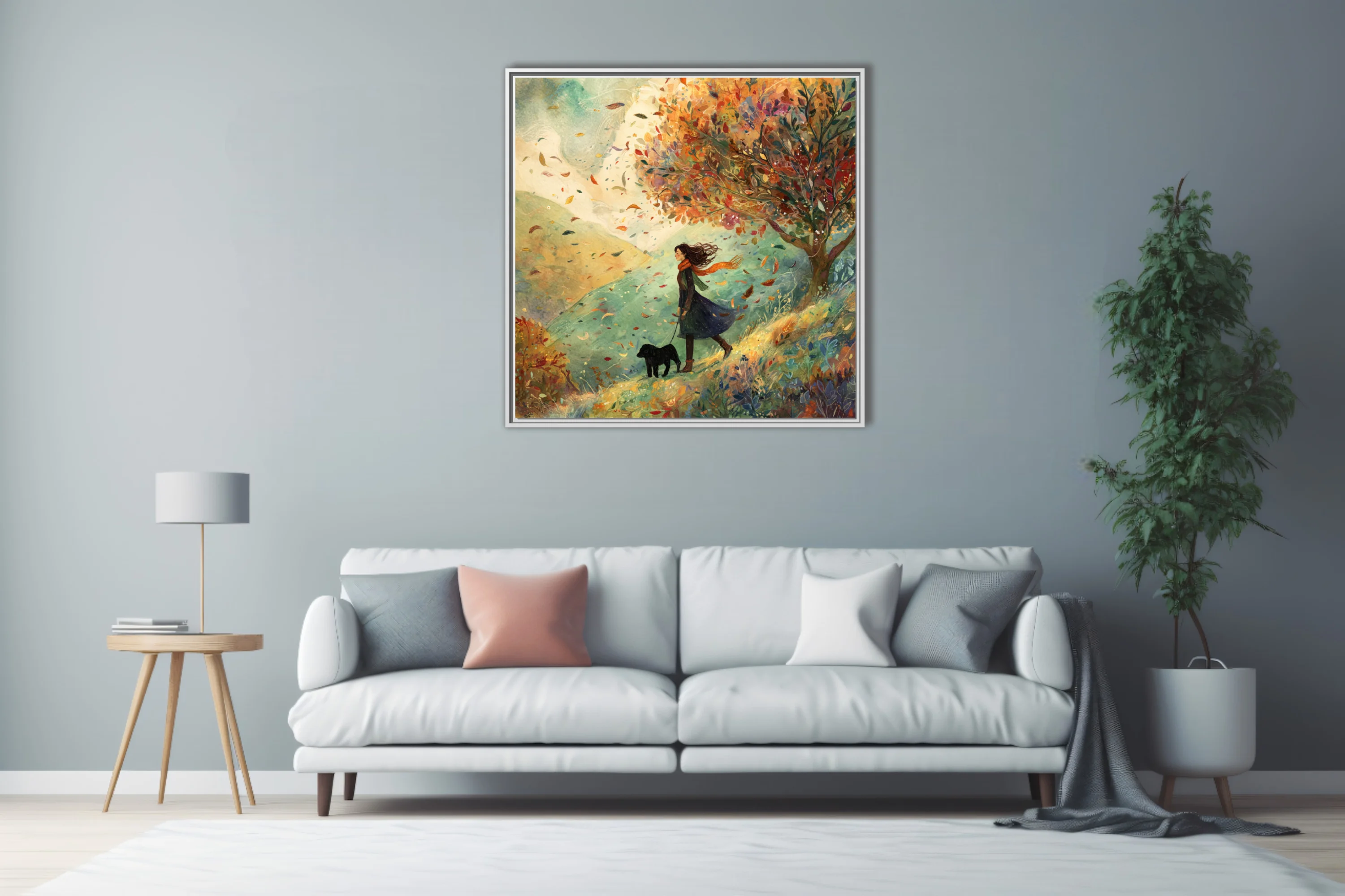 Whimsical watercolor-style autumn walk illustration, windswept figure with dog, warm foliage palette