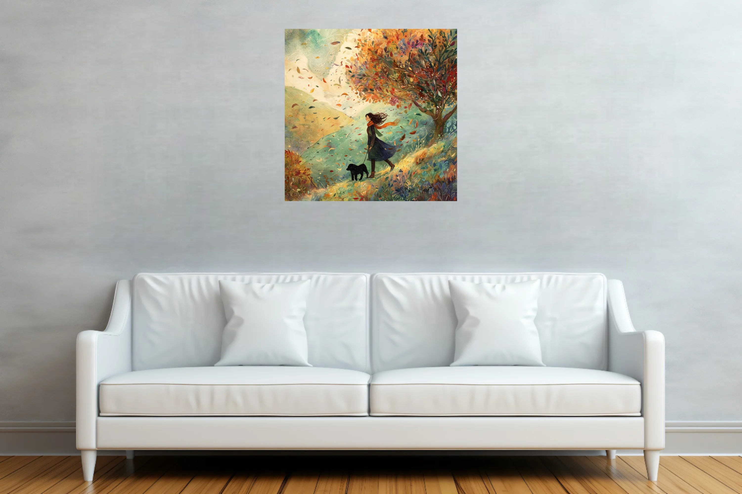 Whimsical watercolor-style autumn walk illustration, windswept figure with dog, warm foliage palette