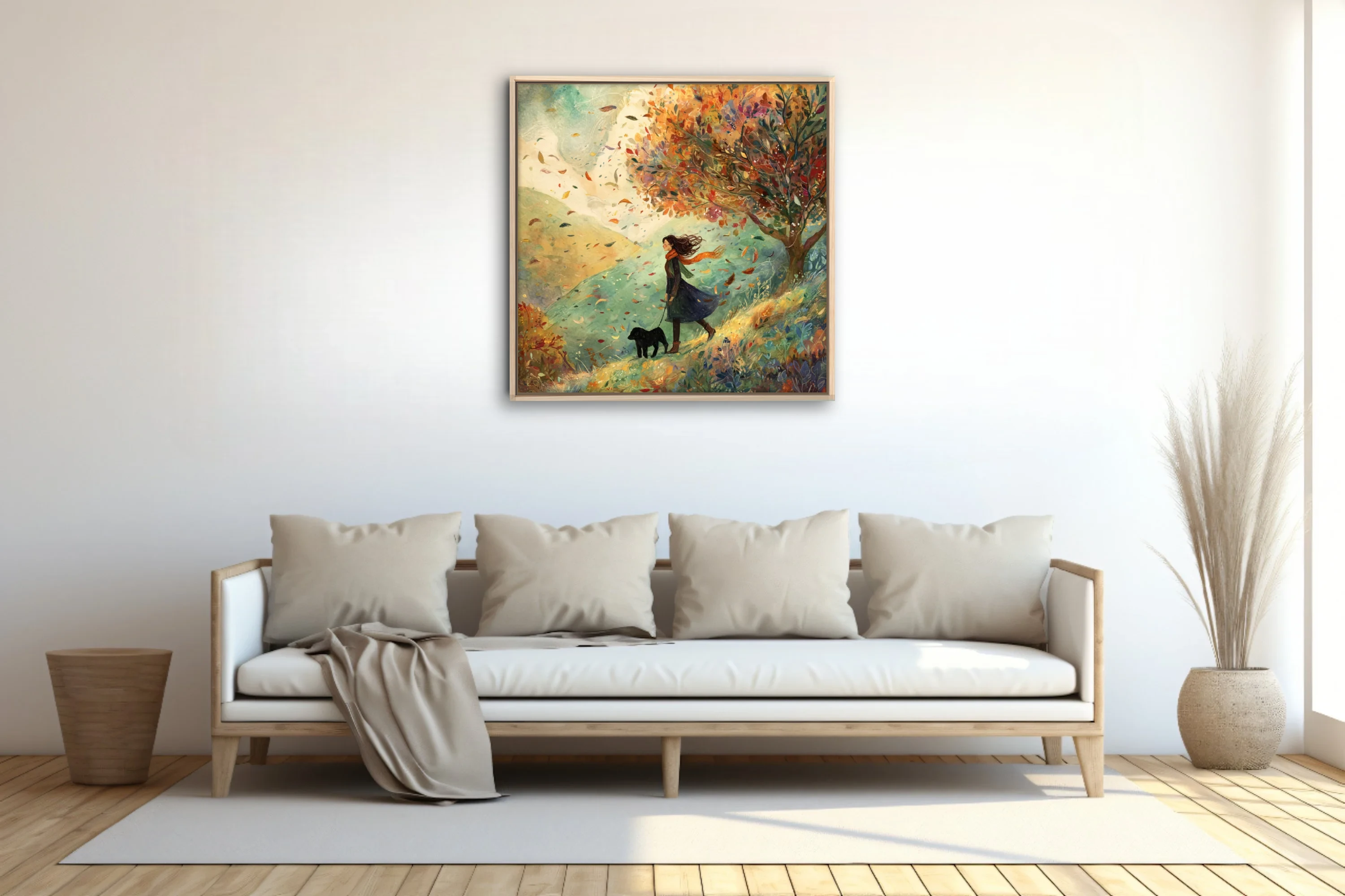 Whimsical watercolor-style autumn walk illustration, windswept figure with dog, warm foliage palette