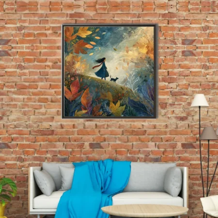 Whimsical autumn walk illustration, windswept figure with pet amid swirling fall foliage