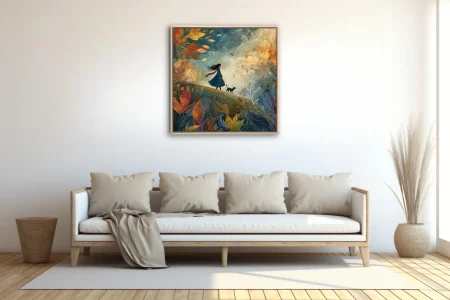 Whimsical autumn walk illustration, windswept figure with pet amid swirling fall foliage