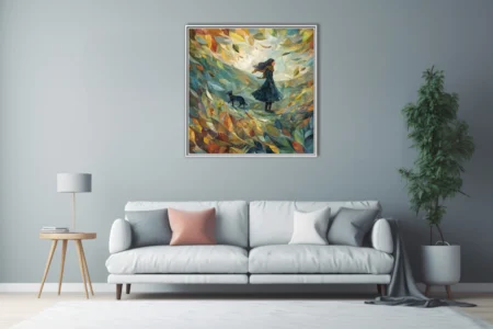 Whimsical autumn walk with figure and dog in swirling teal and amber leaves