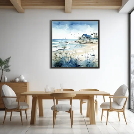Watercolor-style beach cottage scene with cerulean ocean, sandy shore, and coastal grasses