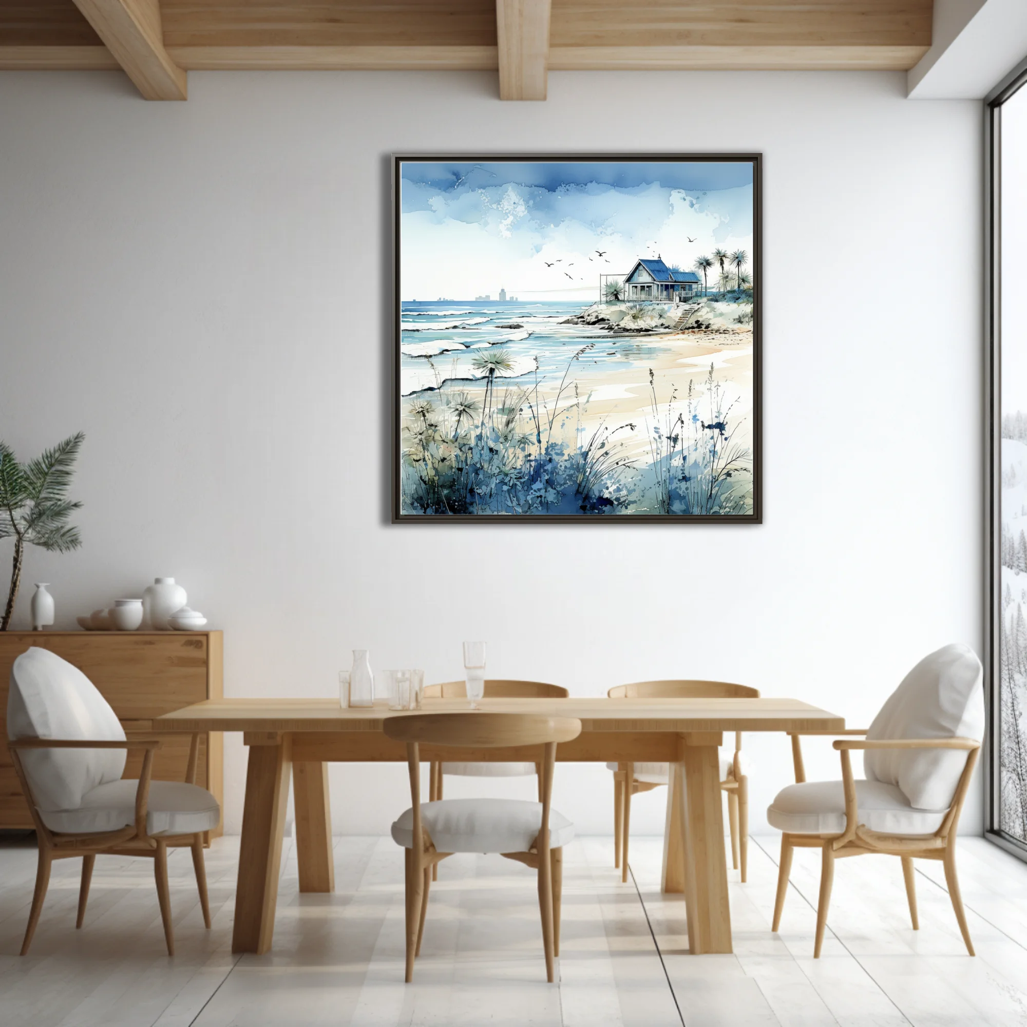 Watercolor-style beach cottage scene with cerulean ocean, sandy shore, and coastal grasses