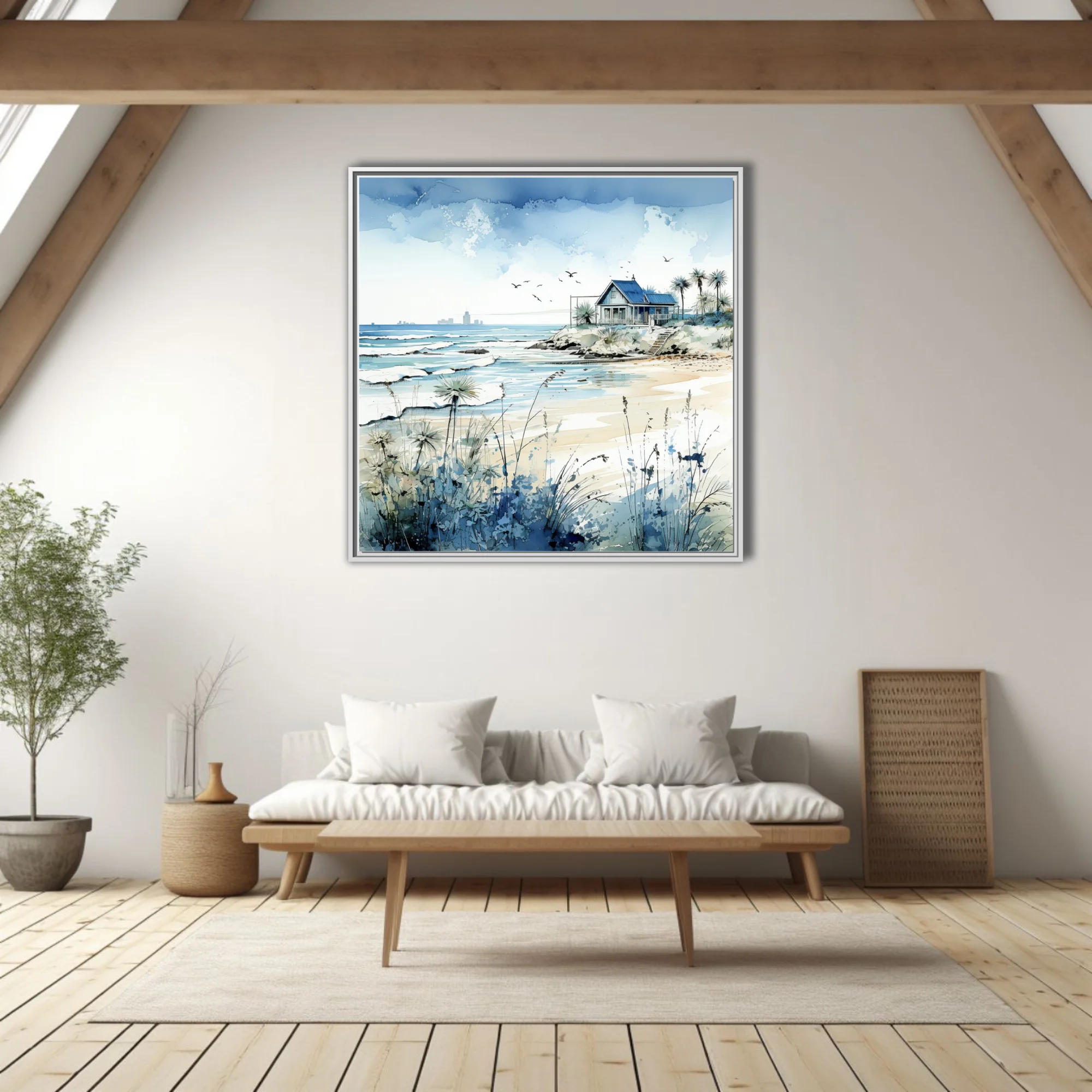 Watercolor-style beach cottage scene with cerulean ocean, sandy shore, and coastal grasses