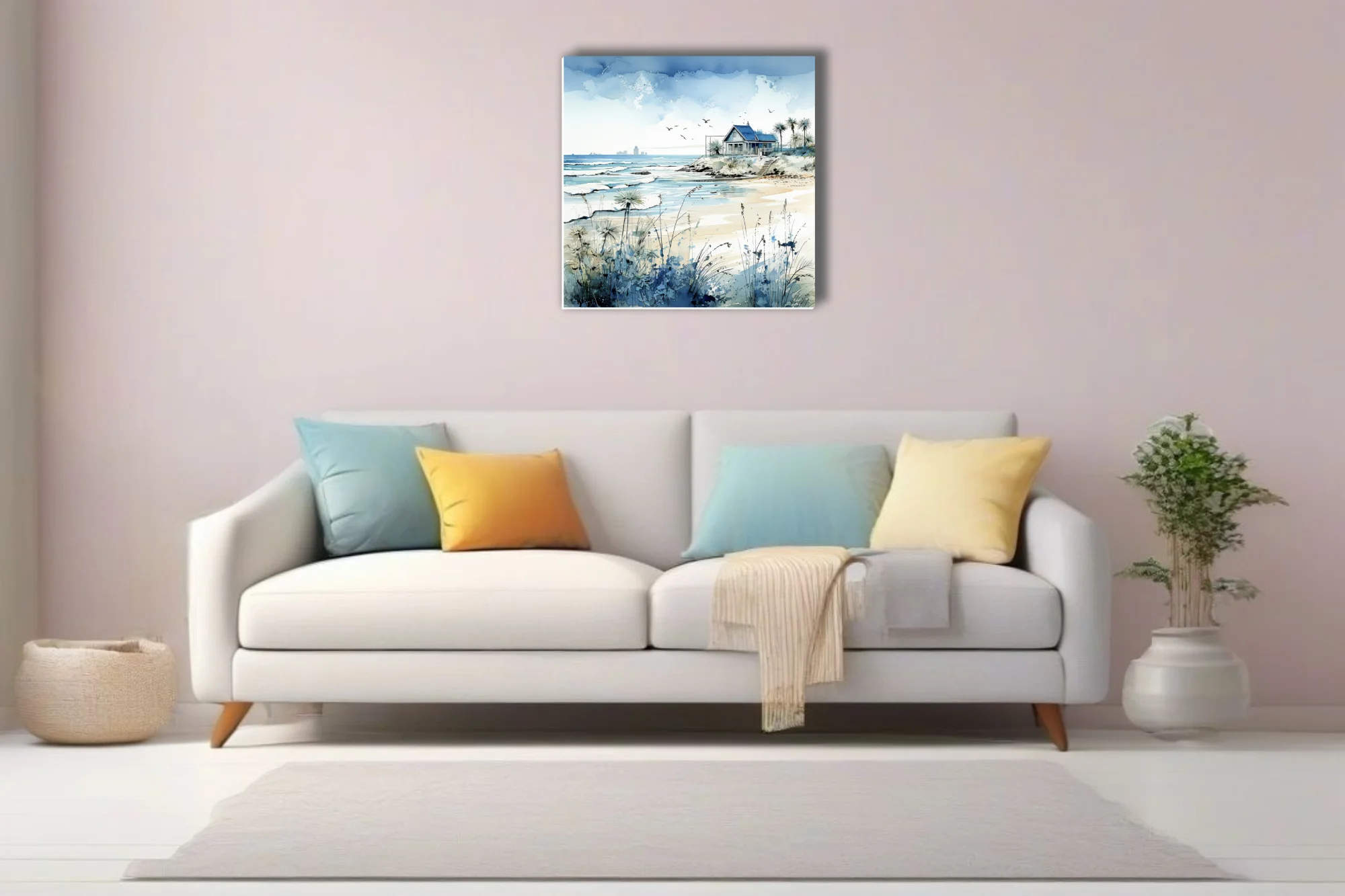 Watercolor-style beach cottage scene with cerulean ocean, sandy shore, and coastal grasses