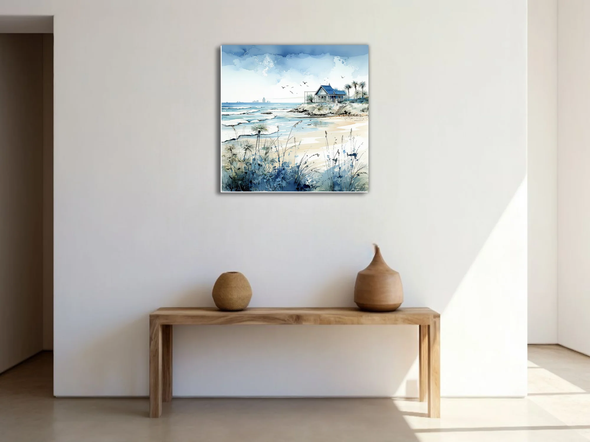 Watercolor-style beach cottage scene with cerulean ocean, sandy shore, and coastal grasses