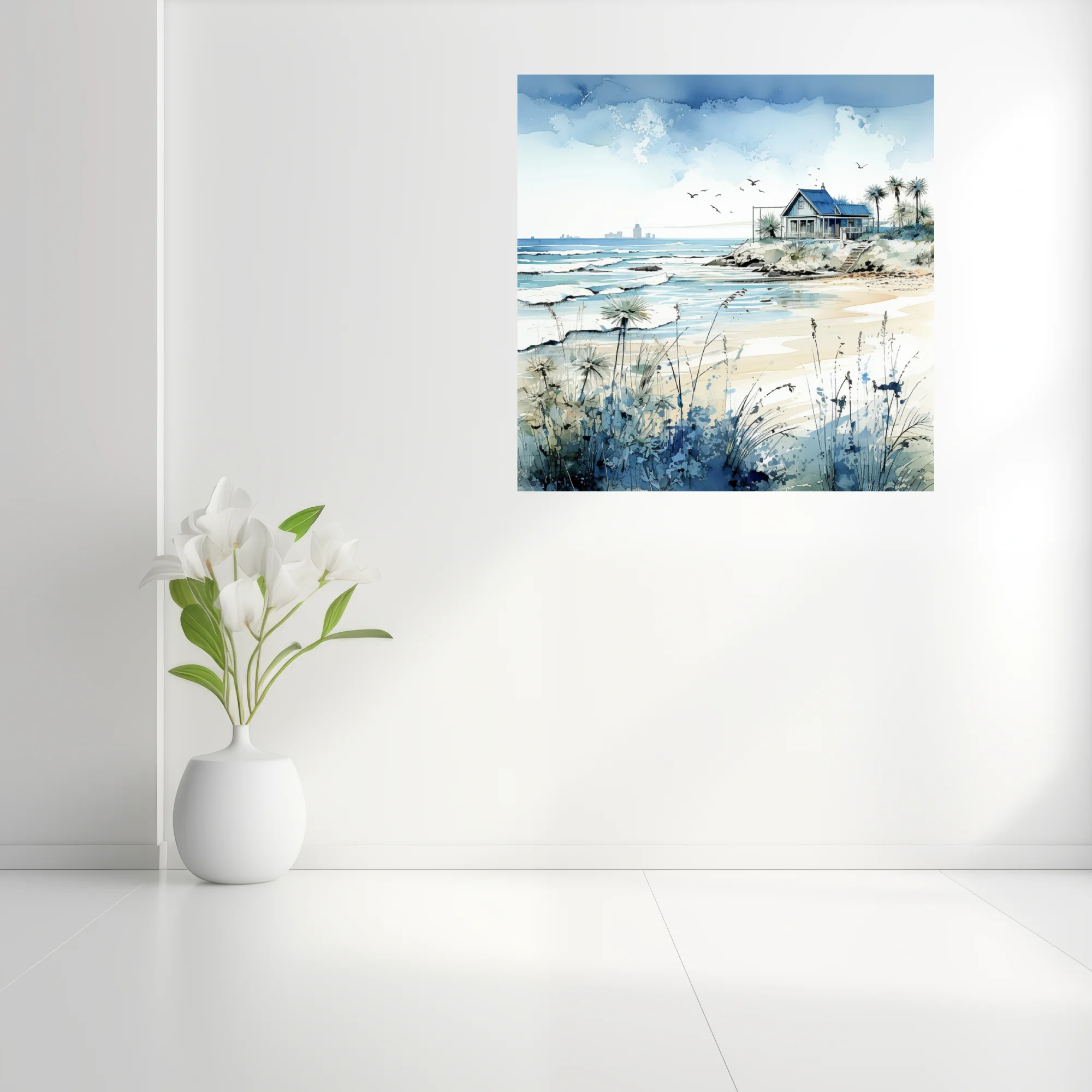 Watercolor-style beach cottage scene with cerulean ocean, sandy shore, and coastal grasses