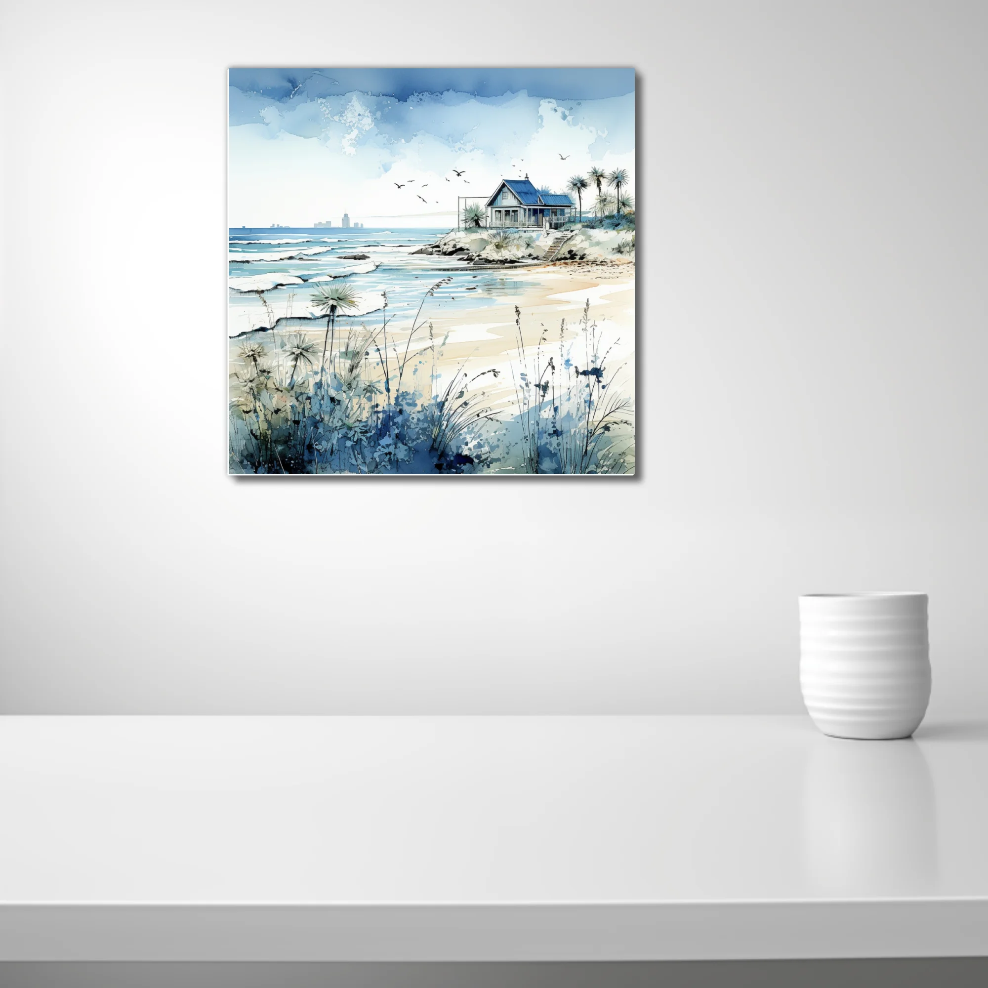 Watercolor-style beach cottage scene with cerulean ocean, sandy shore, and coastal grasses