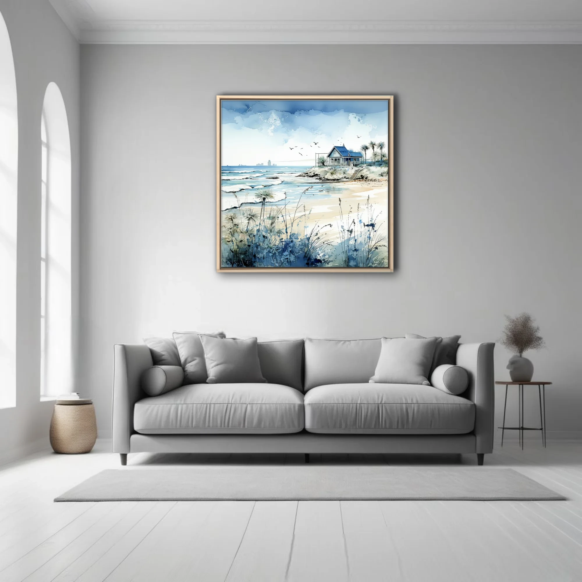 Watercolor-style beach cottage scene with cerulean ocean, sandy shore, and coastal grasses
