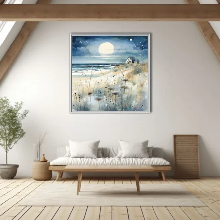 Watercolor-style moonlit coastal dunes with beach cottage and wild grasses, blue-silver palette