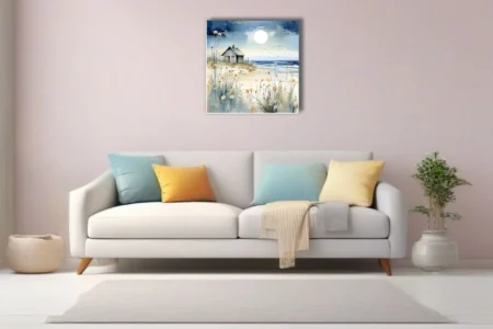 Watercolor-style beach cottage with wildflowers, full moon, and ocean in soft blues and sand tones