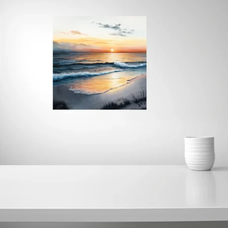 Watercolor-style beach sunset with warm amber sky and teal crashing waves