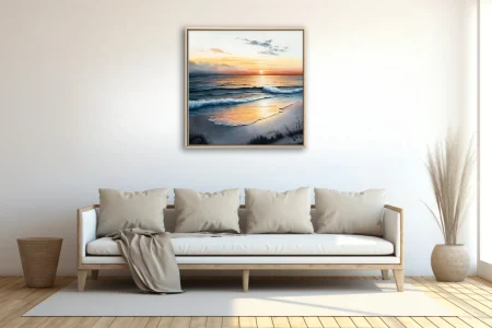 Watercolor-style beach sunset with warm amber sky and teal crashing waves