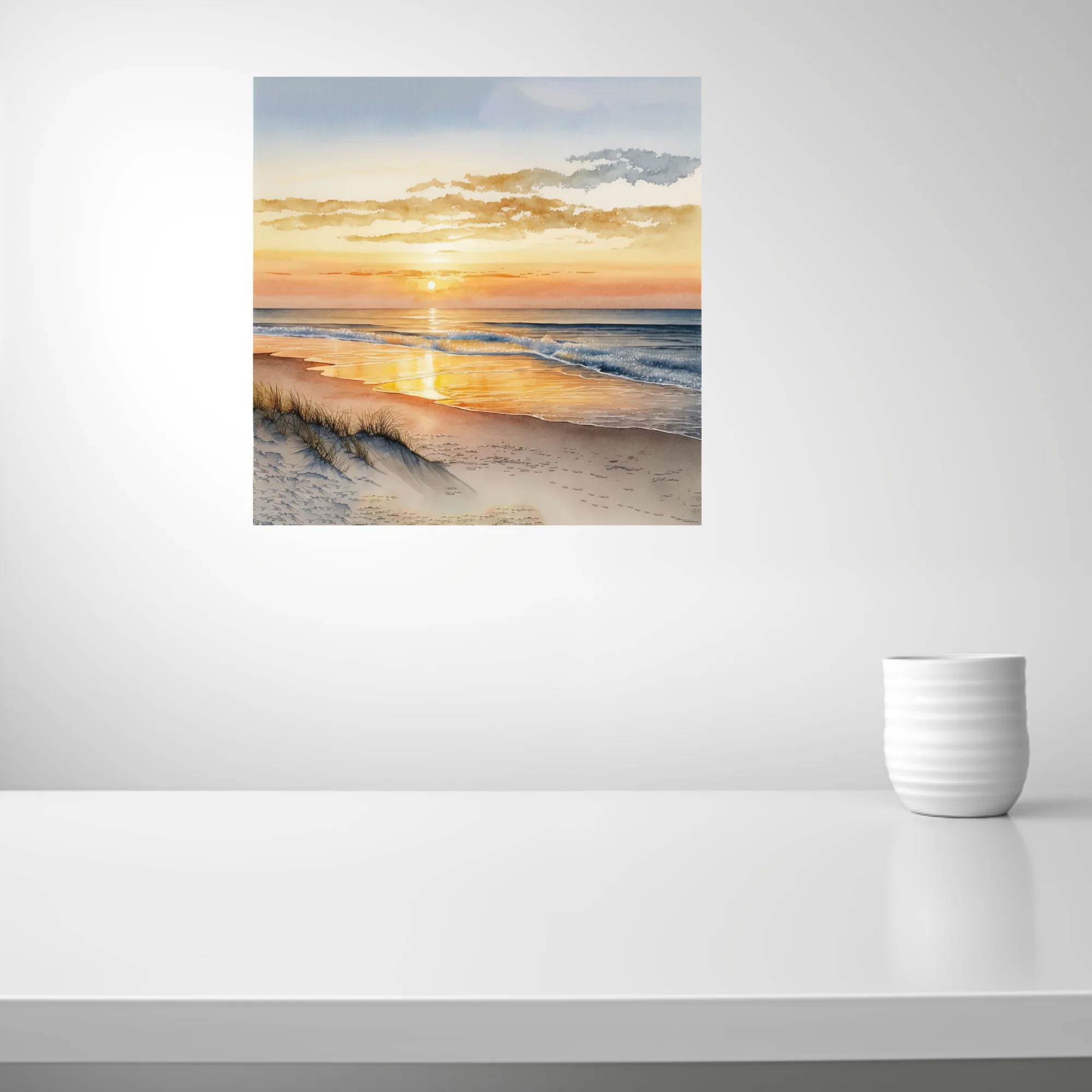 Watercolor-style beach sunset with warm amber tones and gentle breaking waves