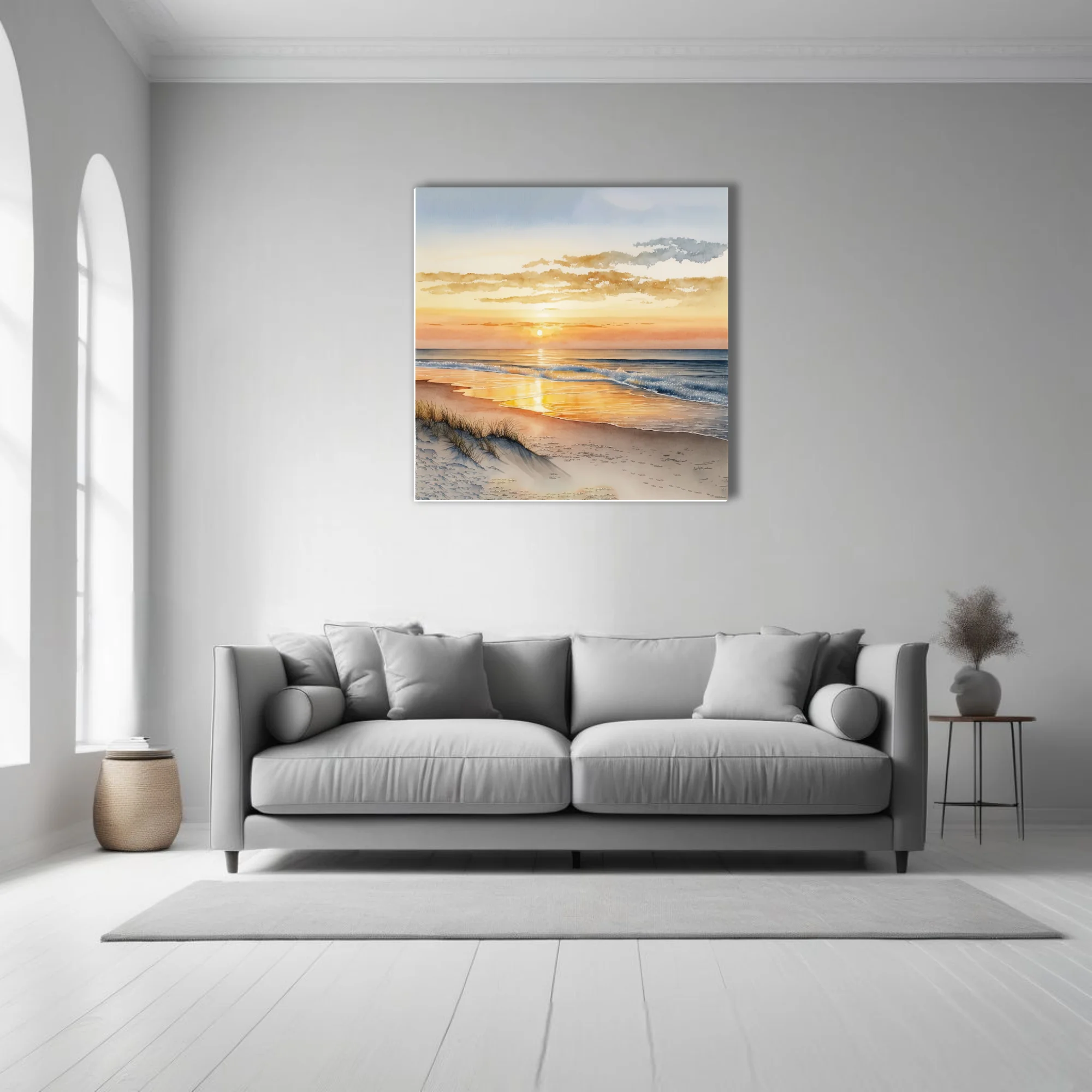 Watercolor-style beach sunset with warm amber tones and gentle breaking waves