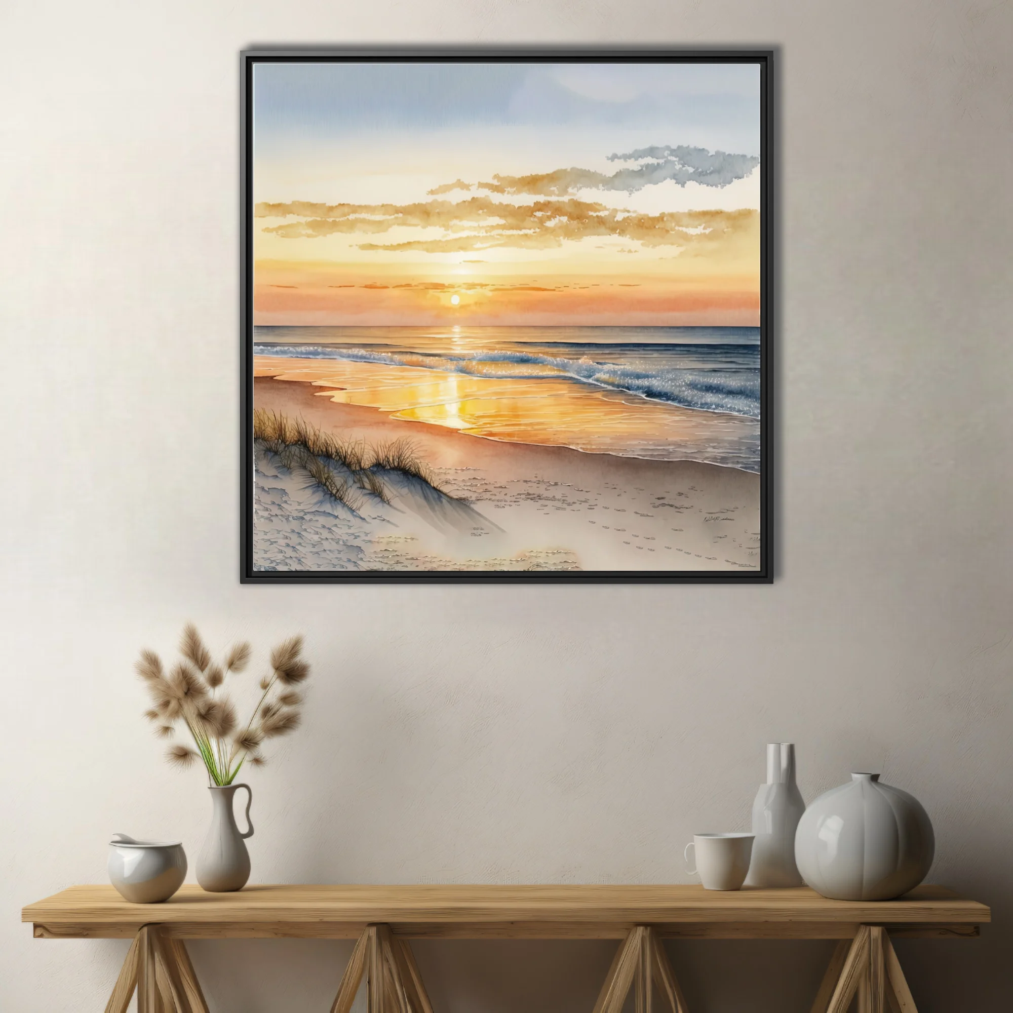 Watercolor-style beach sunset with warm amber tones and gentle breaking waves