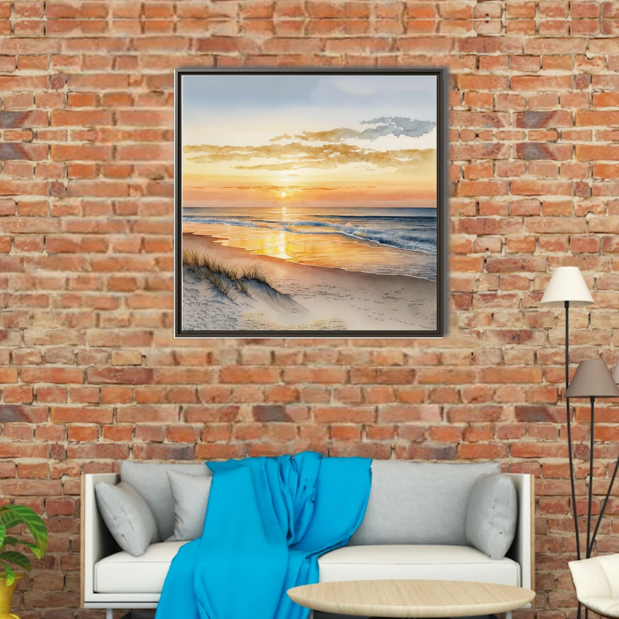 Watercolor-style beach sunset with warm amber tones and gentle breaking waves