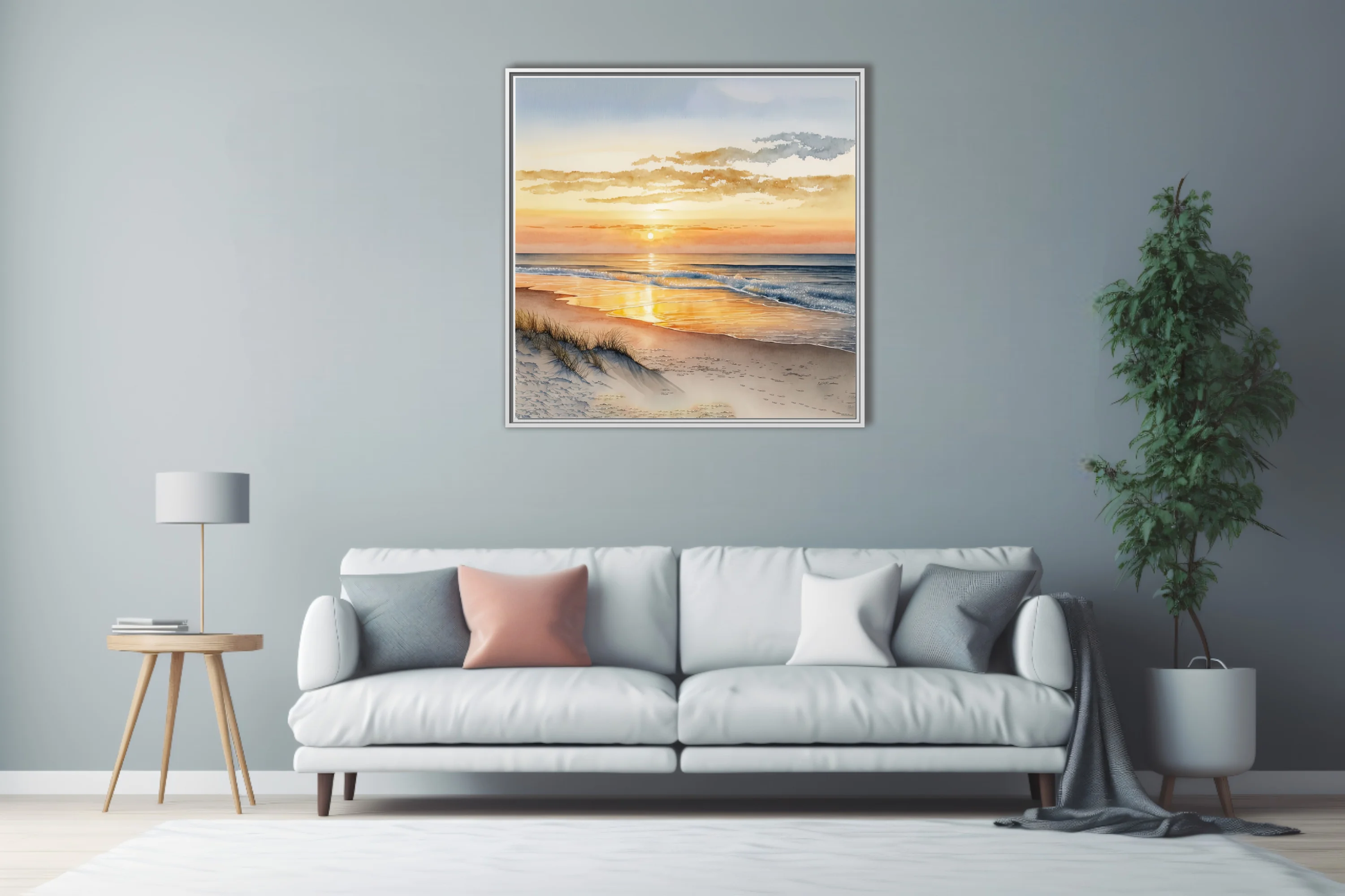 Watercolor-style beach sunset with warm amber tones and gentle breaking waves