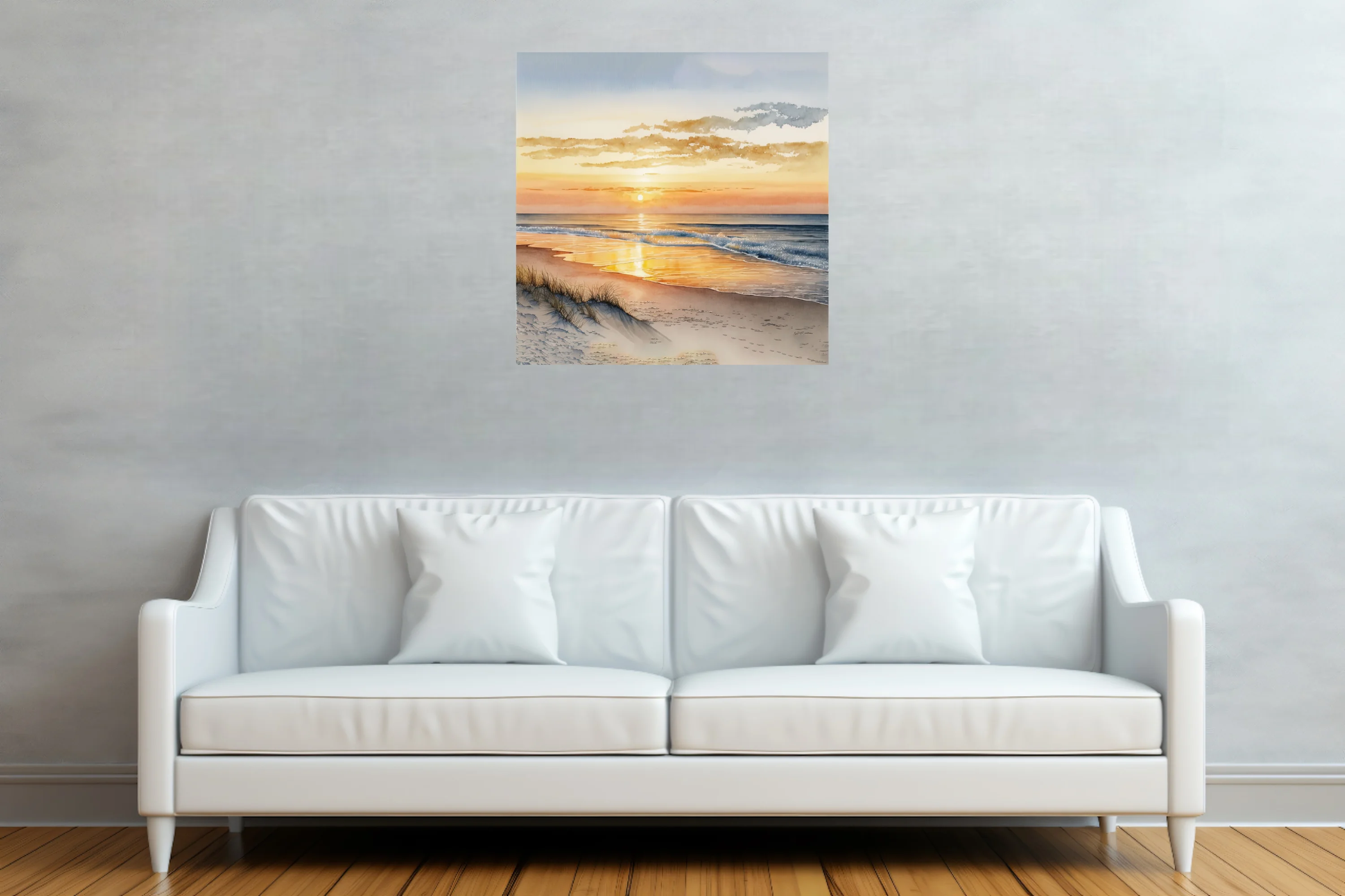 Watercolor-style beach sunset with warm amber tones and gentle breaking waves