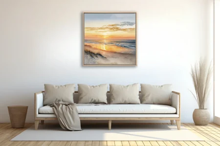 Watercolor-style beach sunset with warm amber tones and gentle breaking waves