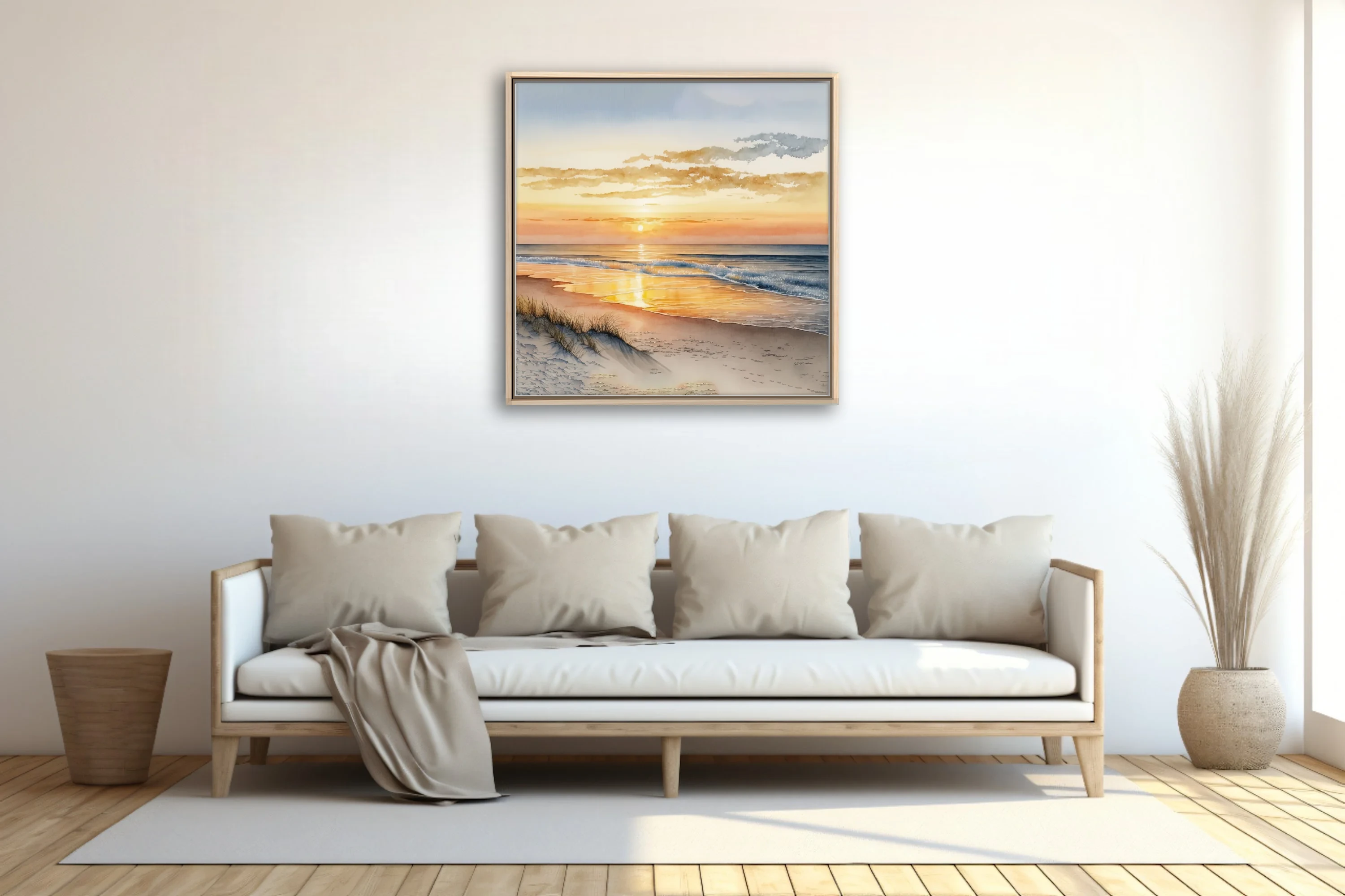 Watercolor-style beach sunset with warm amber tones and gentle breaking waves