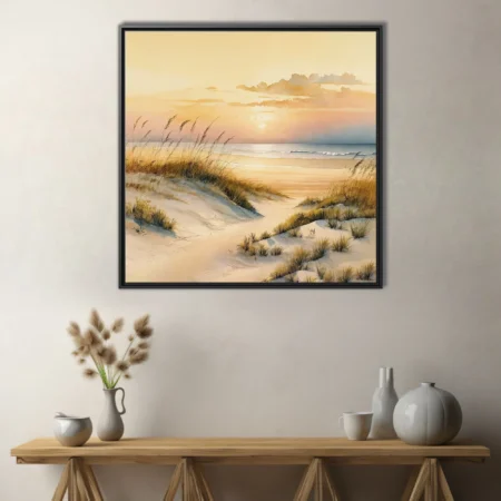 Watercolor-style beach dunes with sea grass and golden sunset sky