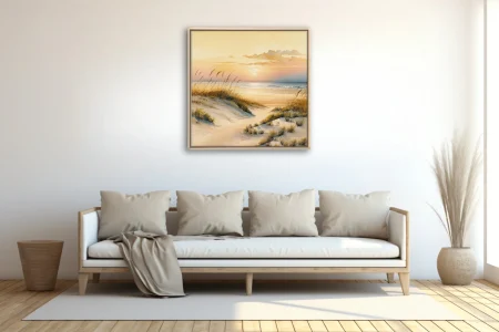 Watercolor-style beach dunes with sea grass and golden sunset sky