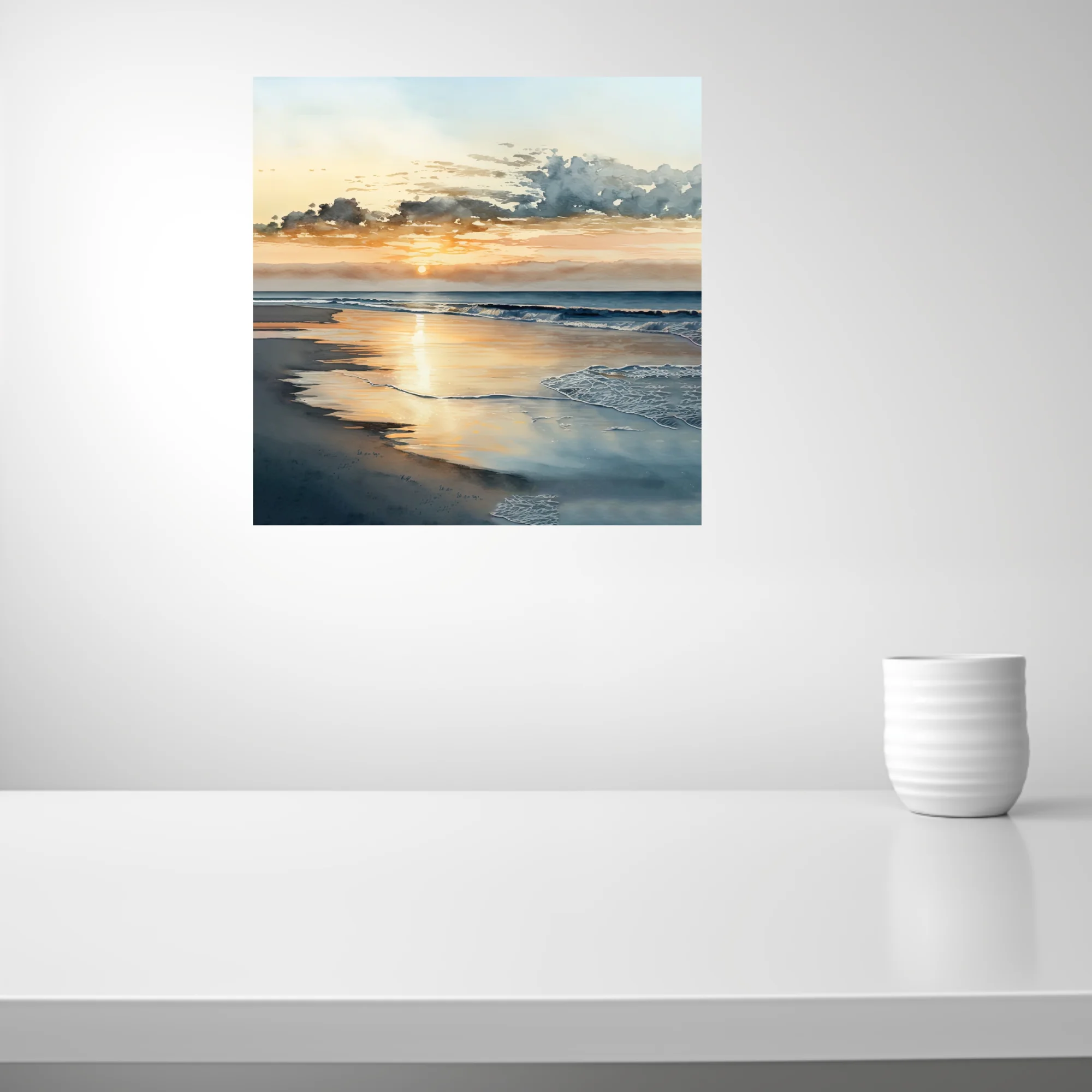 Watercolor-style beach sunset with golden reflections and soft ocean waves