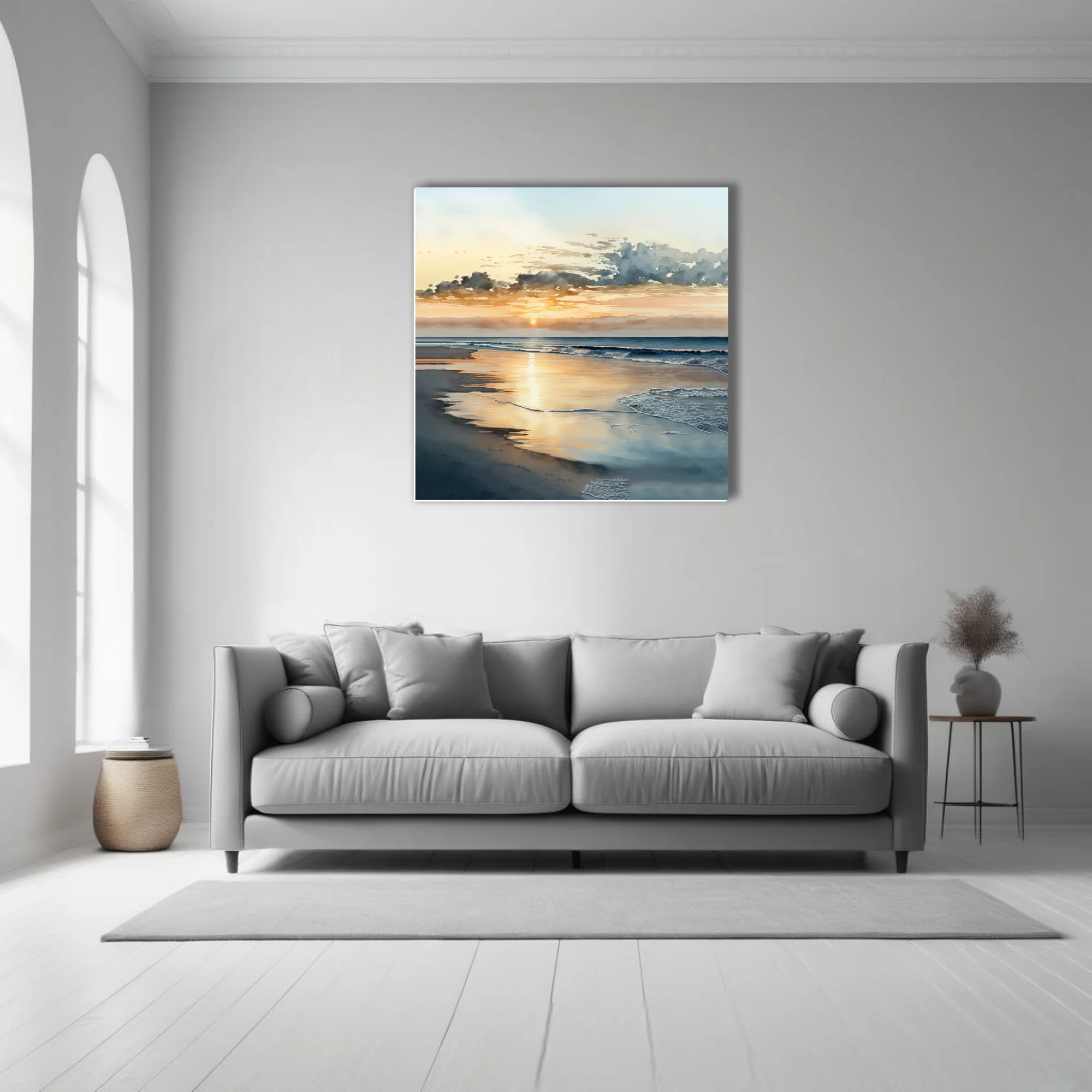 Watercolor-style beach sunset with golden reflections and soft ocean waves