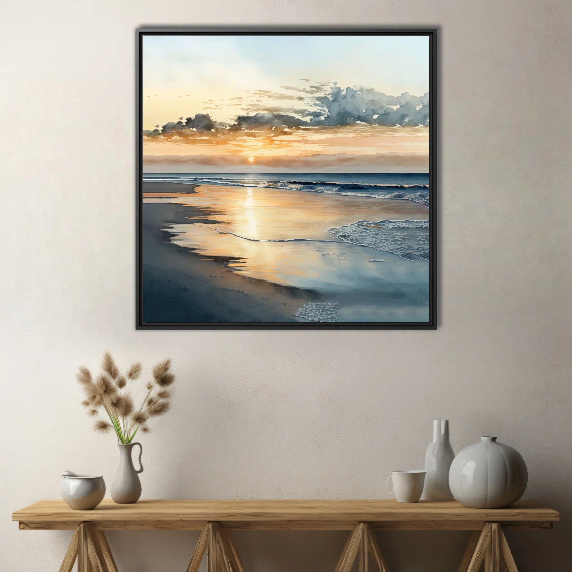Watercolor-style beach sunset with golden reflections and soft ocean waves