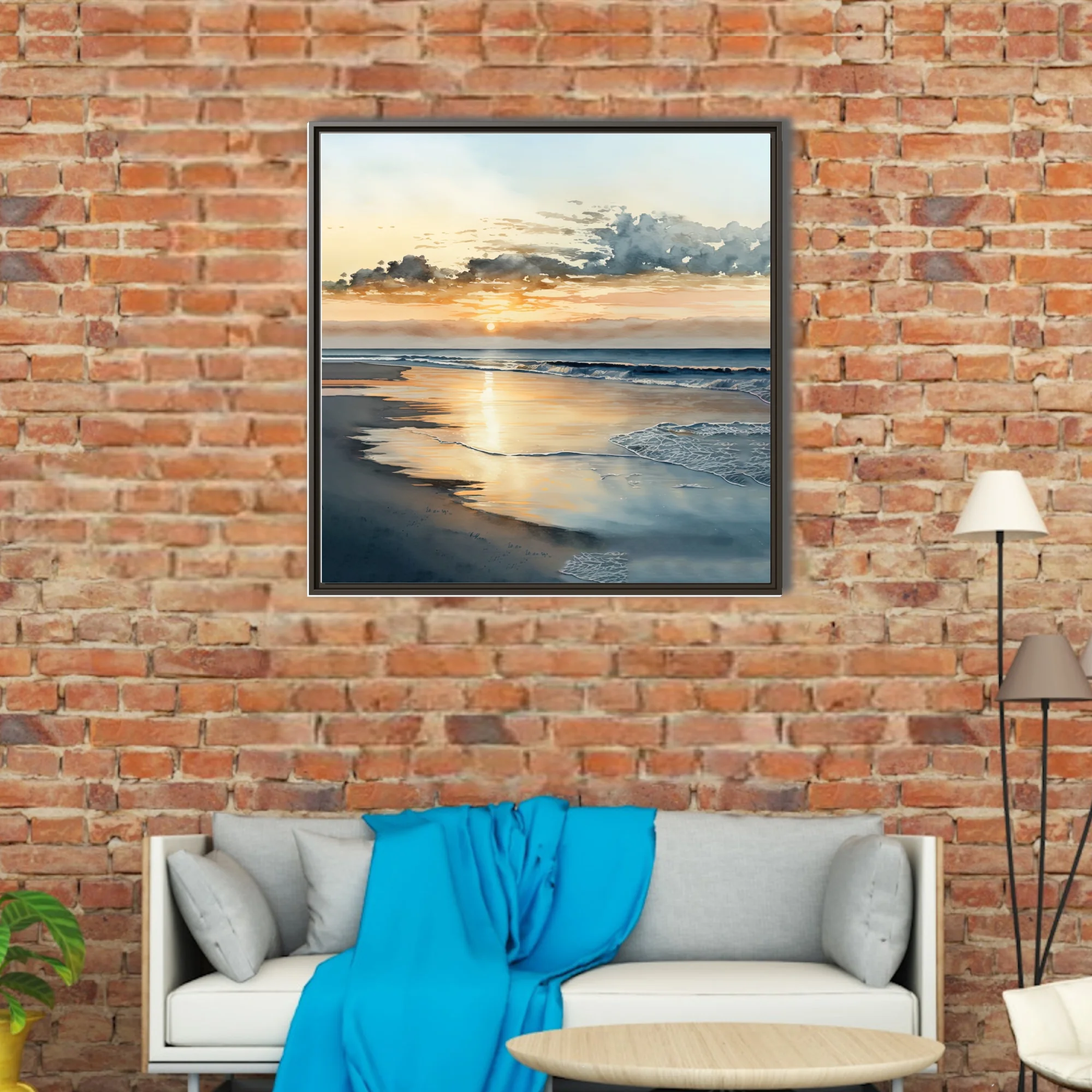 Watercolor-style beach sunset with golden reflections and soft ocean waves