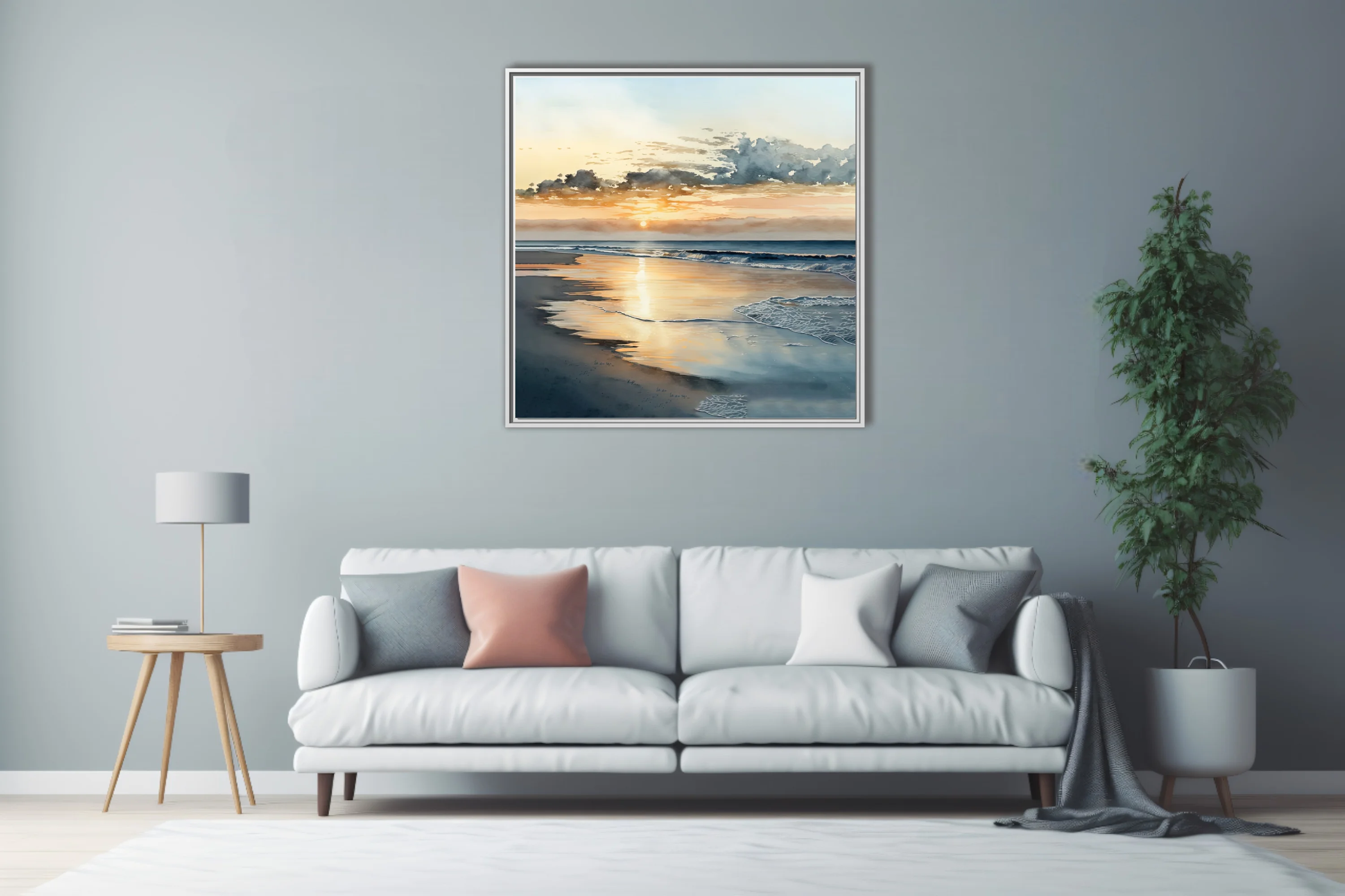 Watercolor-style beach sunset with golden reflections and soft ocean waves