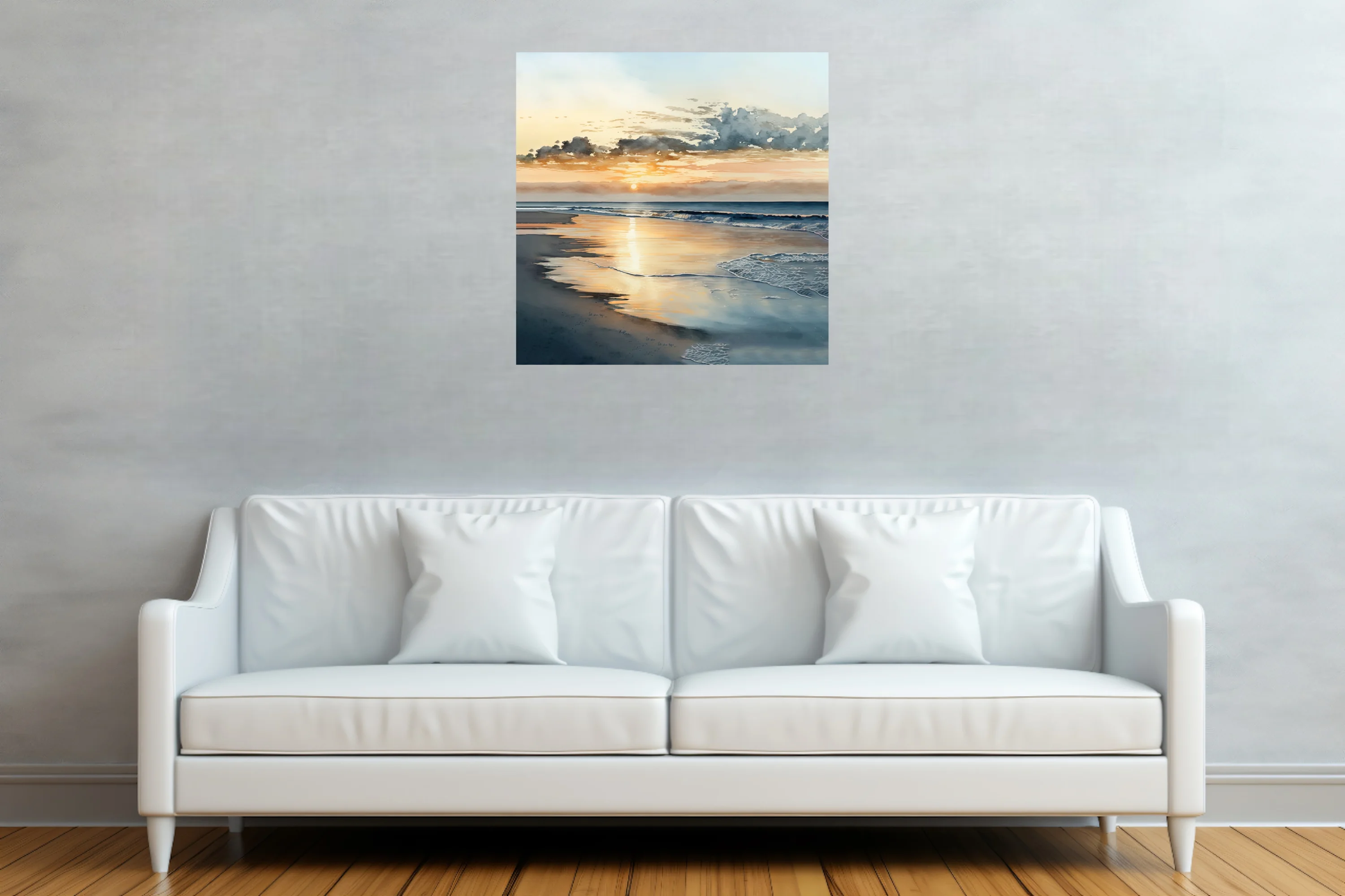 Watercolor-style beach sunset with golden reflections and soft ocean waves