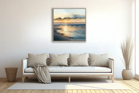 Watercolor-style beach sunset with golden reflections and soft ocean waves